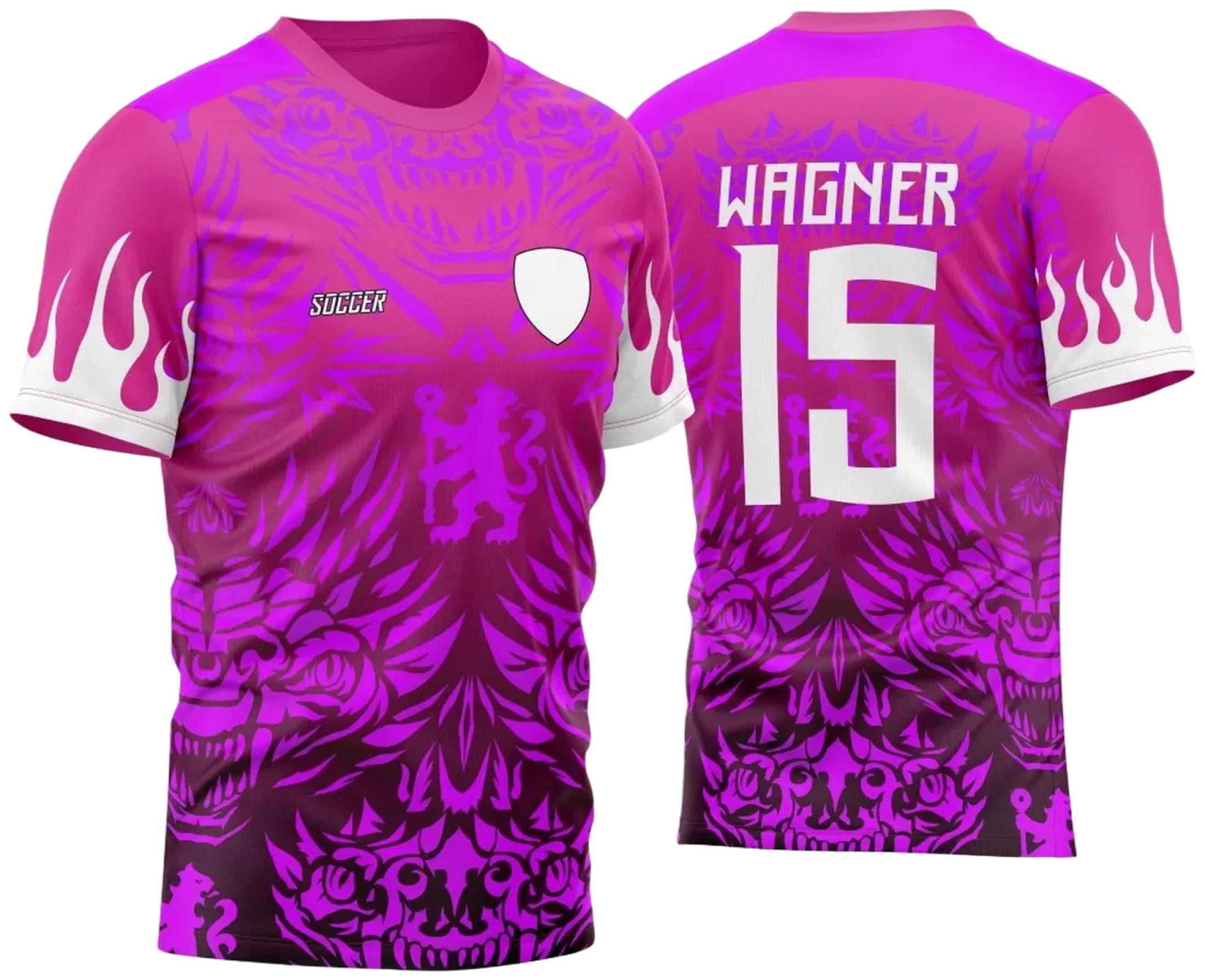 Camiseta unissex preta com logo no peito e estampa grande nas costas dos ossos de dragão Chelsea 2023 na cor rosa, design moderno e vibrante para fãs do InterClasse.