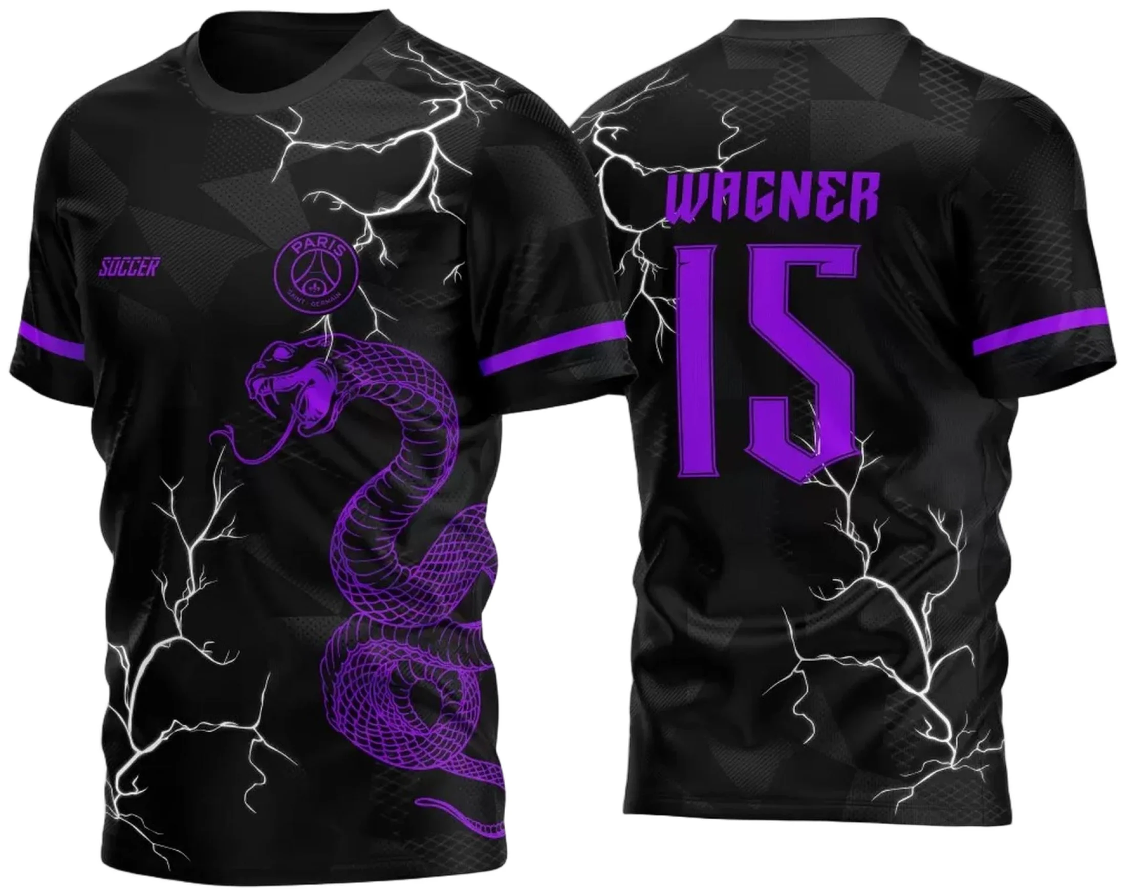 Camiseta unissex preta com logo no peito e estampa grande nas costas do tema InterClasse PSG Cobra Roxa 2023, estilo moderno e vibrante para torcedores e fãs.