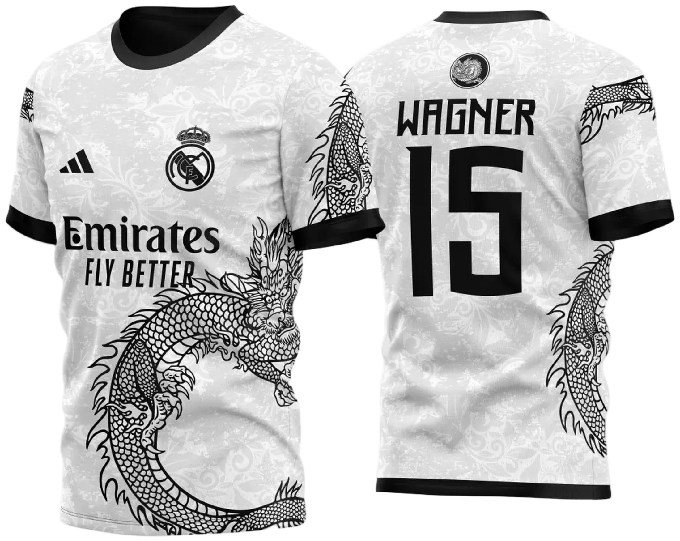 Camiseta unissex preta com logo no peito e estampa grande nas costas representando InterClasse Real Madrid Dragão B 2023, ideal para fãs de futebol e eventos esportivos.