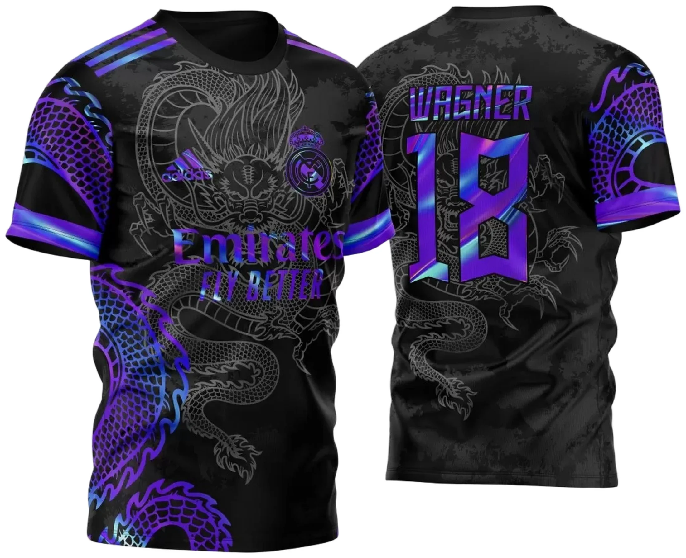 Camiseta unissex preta com logo no peito e estampa grande nas costas do InterClasse Real Madrid Dragão Holográfico 2023, visual moderno e vibrante.