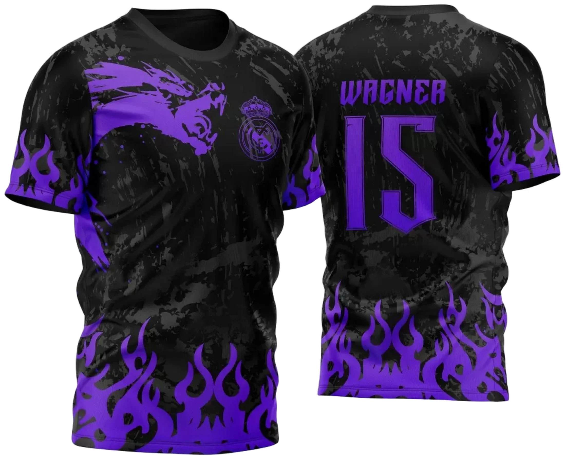 Camiseta unissex preta com logo no peito e estampa grande nas costas mostrando um dragão pincelado inspirado no Real Madrid InterClasse 2023, design moderno para torcedores e amantes do futebol.