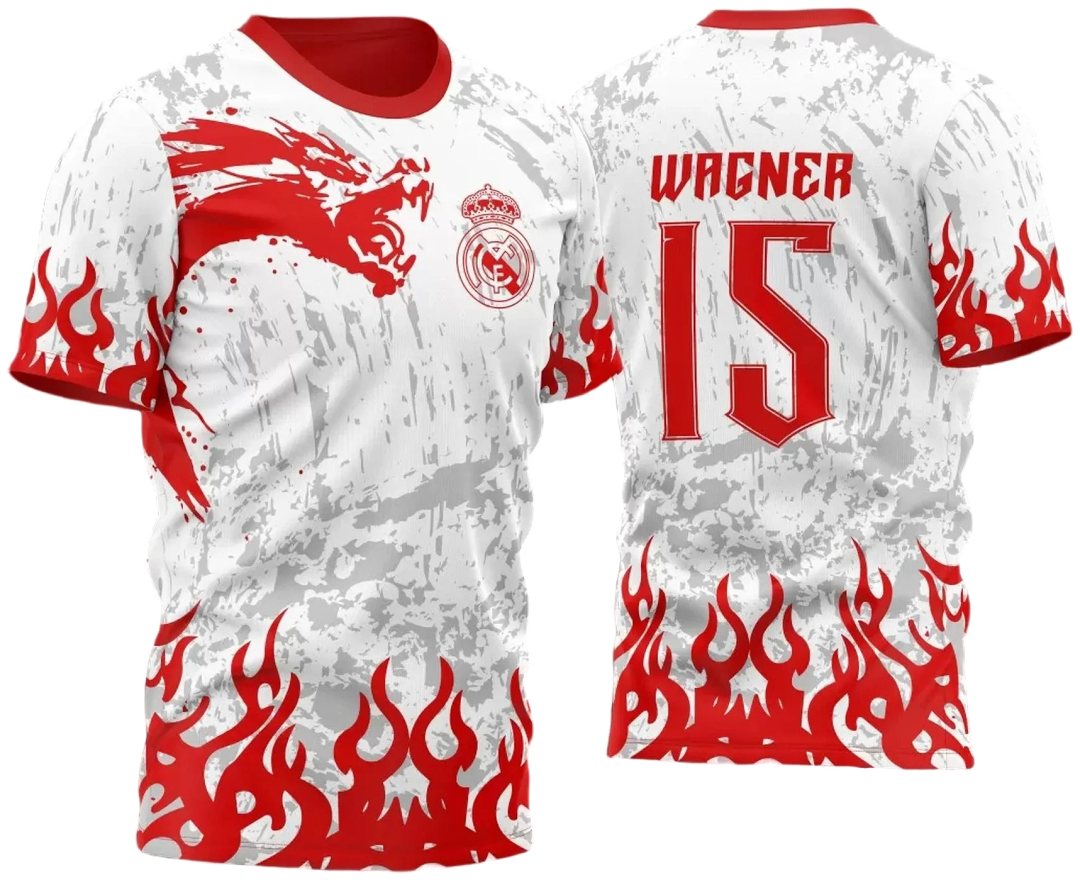 Camiseta unissex branca com logo no peito e estampa grande nas costas, com tema InterClasse Real Madrid Pincel Dragão 2023 nas cores branca e vermelha, design moderno e vibrante para torcedores.