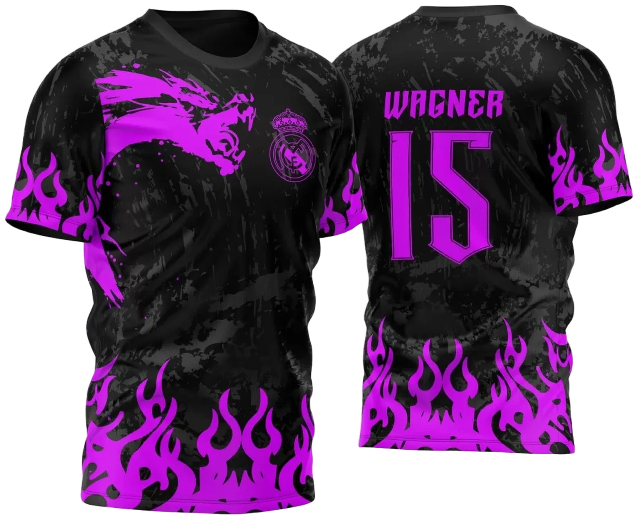 Camiseta unissex preta com logo no peito e estampa grande nas costas mostrando dragão em pincelada rosa, temática Real Madrid InterClasse 2023, ideal para fãs que buscam estilo e conforto.