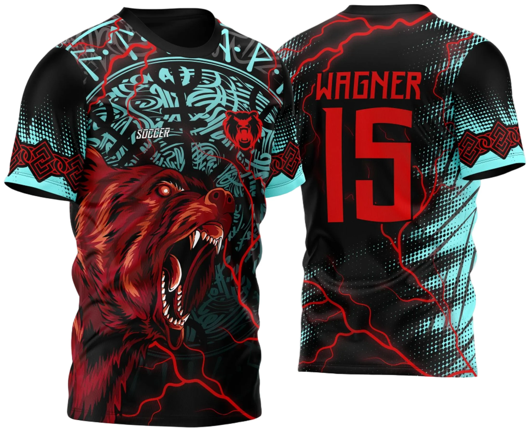 Camiseta unissex preta com logo no peito e estampa grande nas costas mostrando Urso Feroz Celta 2023, ideal para eventos InterClasse, com design moderno e arrojado.