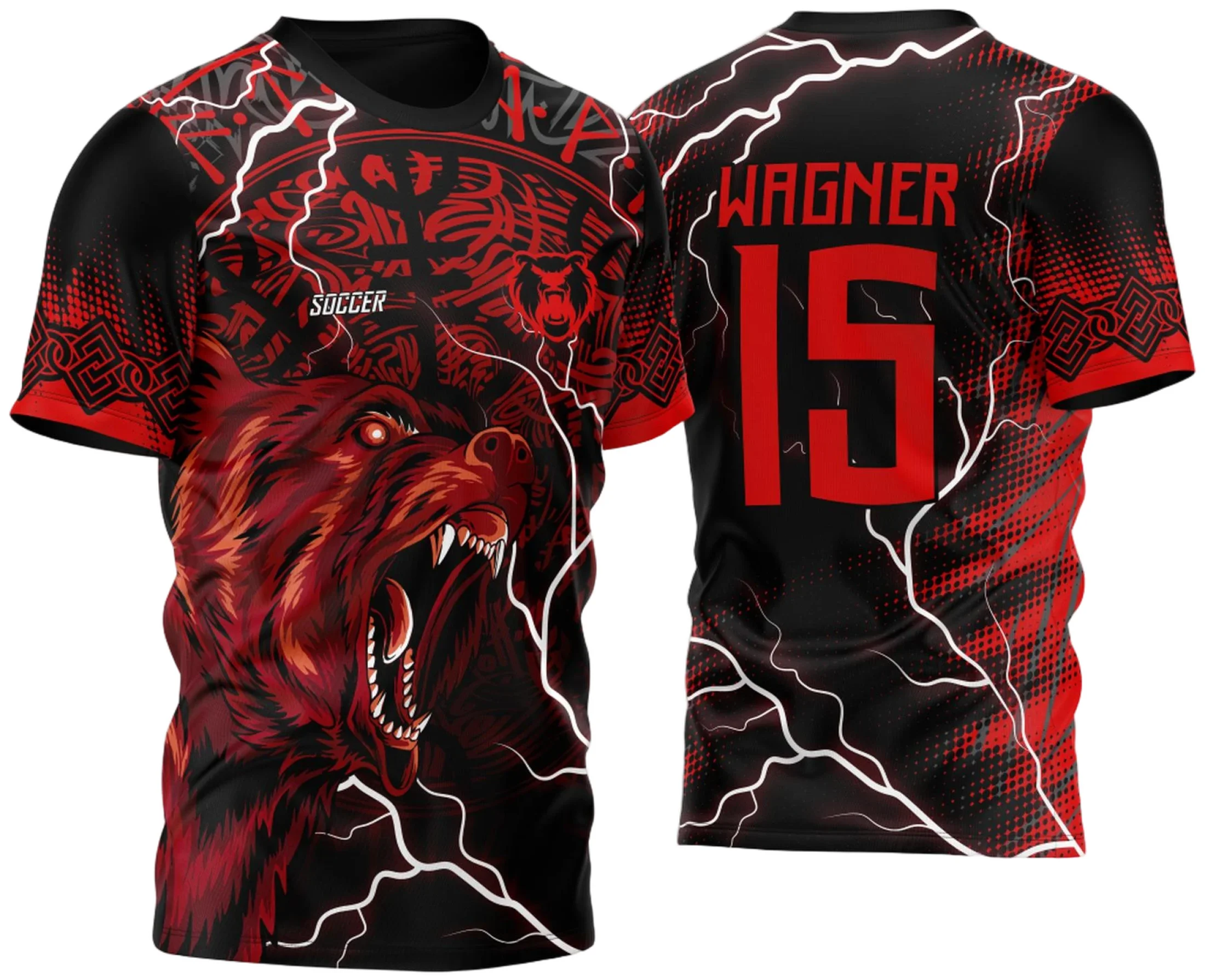 Camiseta unissex preta com logo no peito e estampa grande nas costas representando Urso Feroz Celta de 2023, ideal para eventos InterClasse, destacando design moderno e impactante.