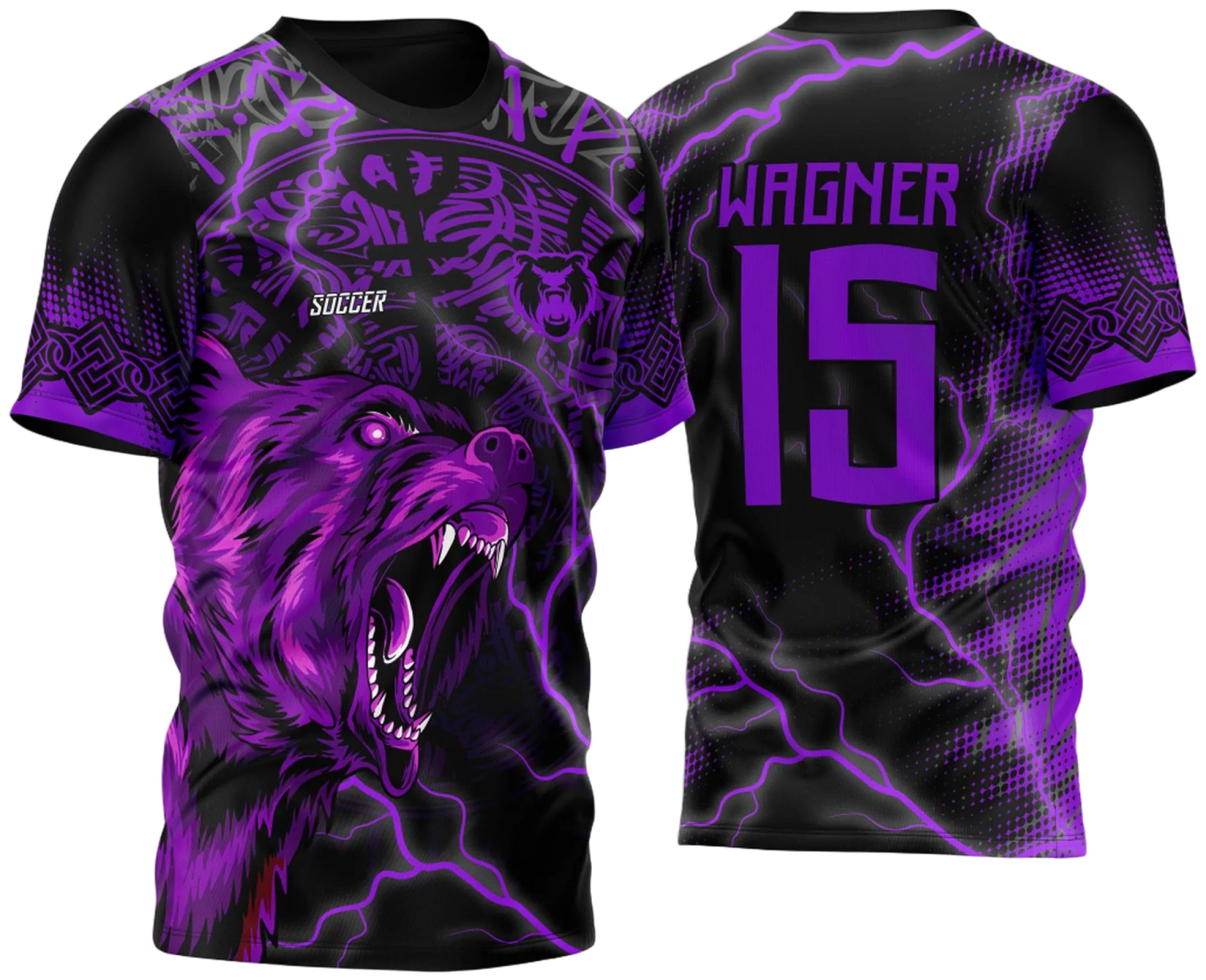 Camiseta unissex preta com logo no peito e estampa grande nas costas do Urso Feroz Celta 2023 modelo 3, perfeita para uso em eventos InterClasse com visual impactante e moderno.