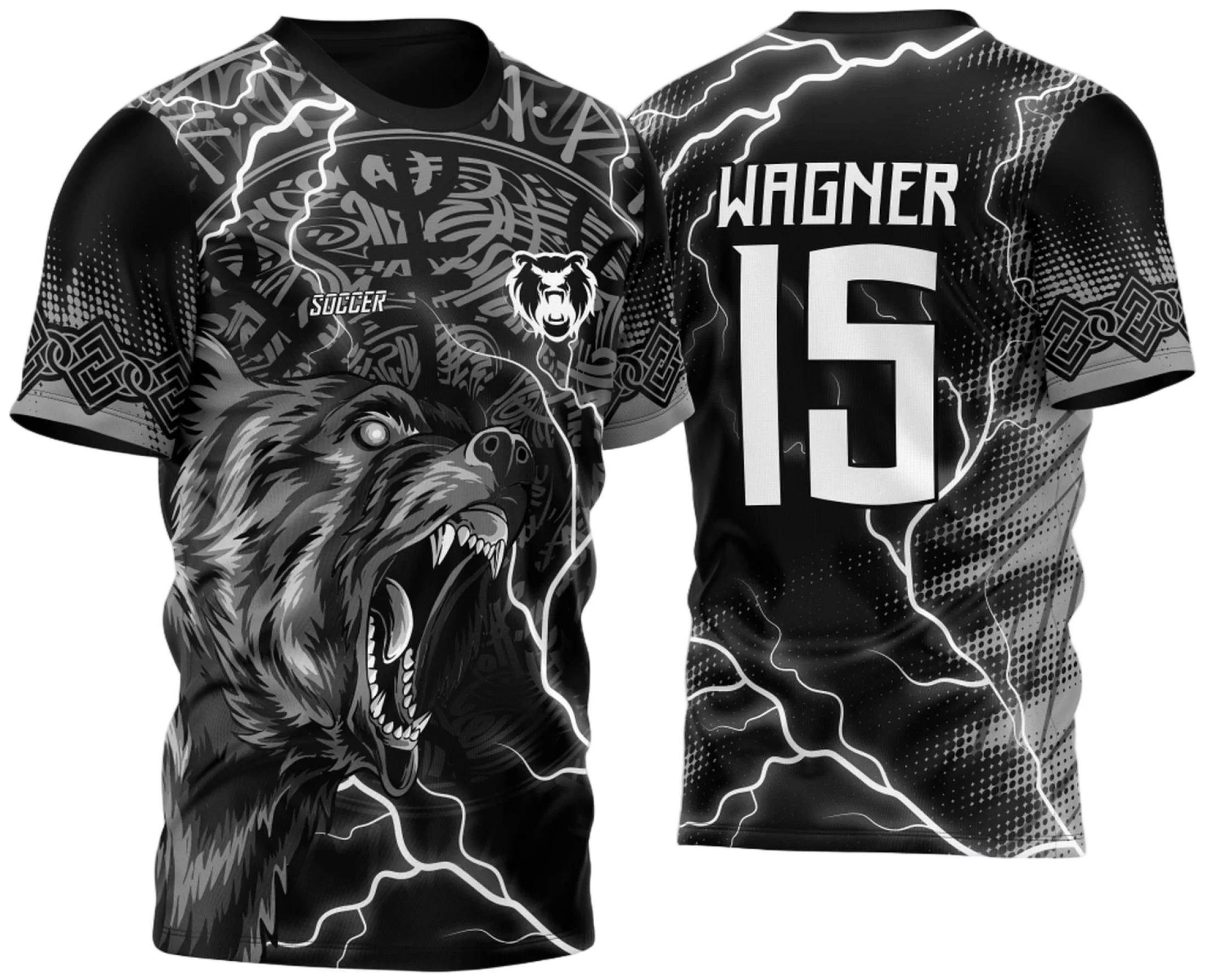 Camiseta unissex preta com logo no peito e estampa grande nas costas com tema Urso Feroz Celta 2023 Modelo 4 para InterClasse, design moderno e marcante.