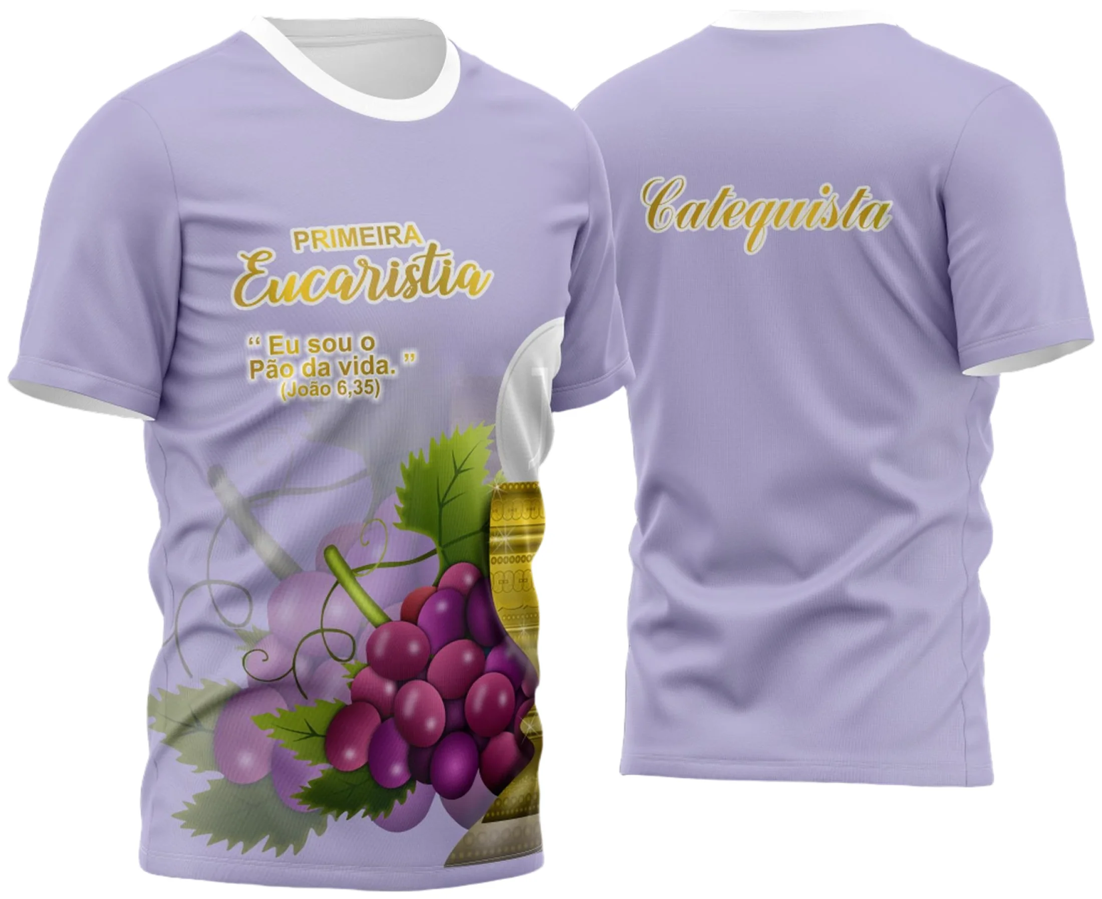 Camiseta unissex branca com logo no peito e estampa grande nas costas, tema Primeira Eucaristia e Primeira Comunhão 2023, design elegante e delicado, ideal para ocasiões especiais.
