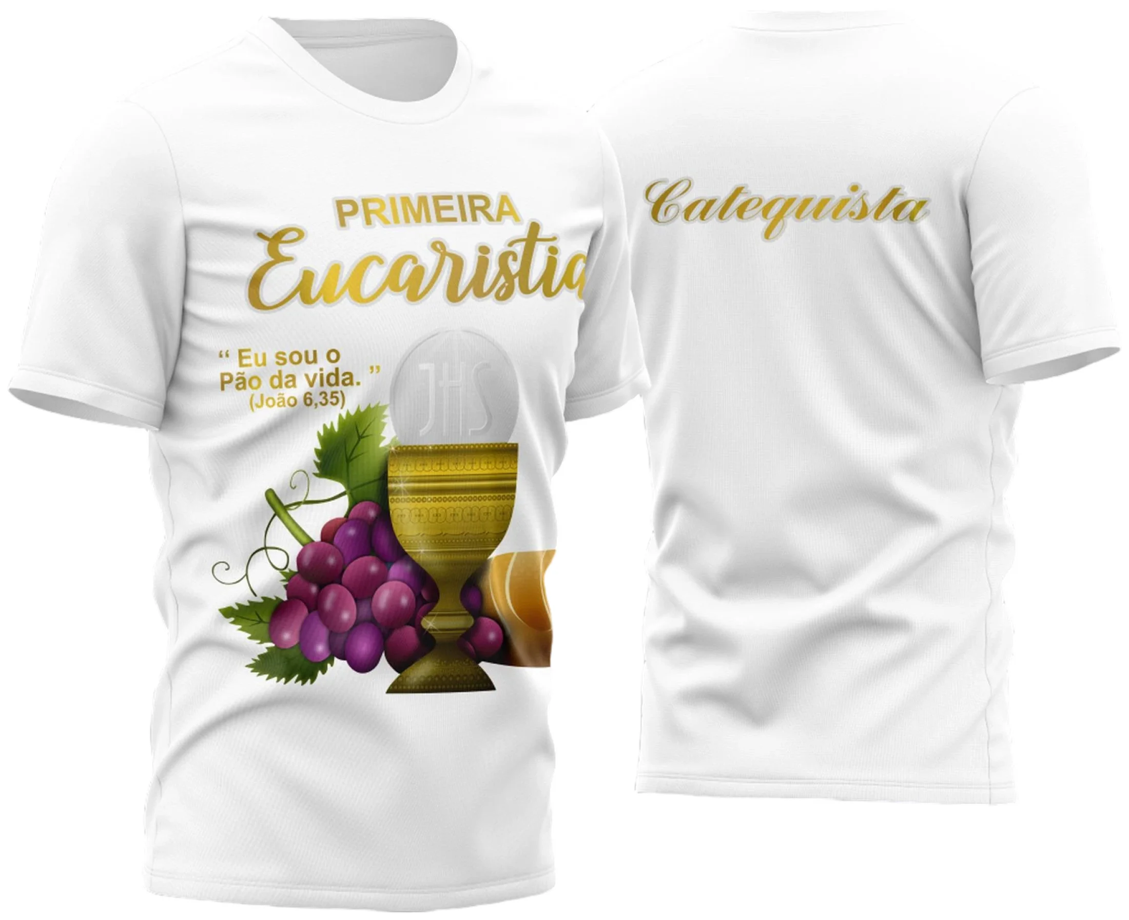 Camiseta unissex branca com logo no peito e estampa grande nas costas sobre o tema Primeira Eucaristia Primeira Comunhão 2023 Modelo 2, perfeita para ocasiões religiosas e celebrações especiais.
