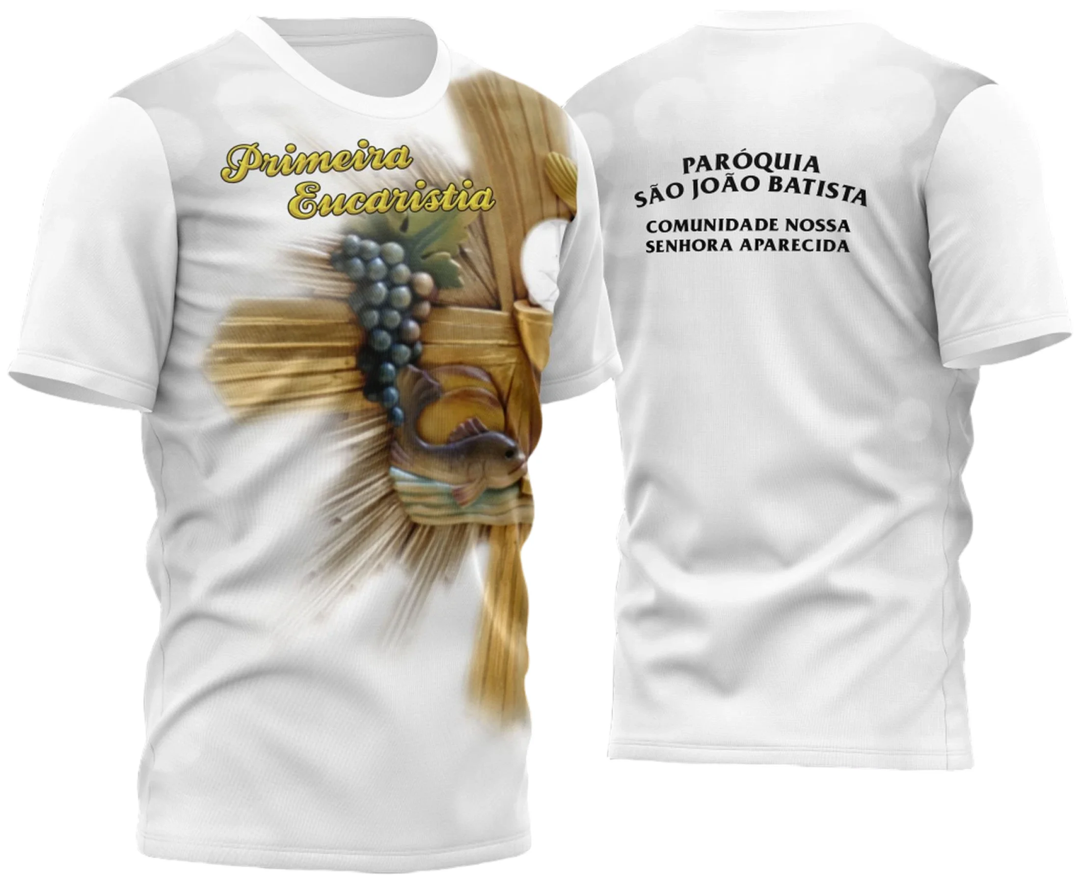 Camiseta unissex branca com logo no peito e estampa grande nas costas, tema para primeira eucaristia e primeira comunhão 2023, elegante e delicada para comemorações especiais.