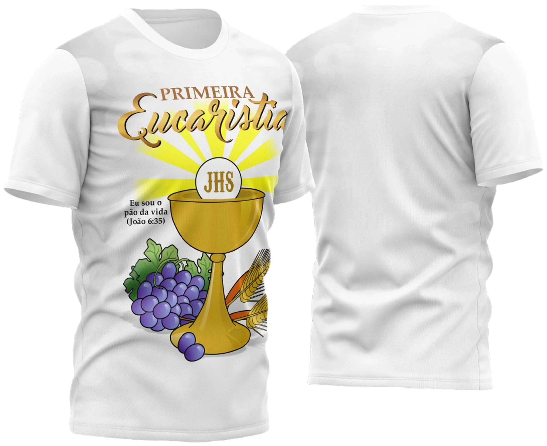 Camiseta unissex branca com logo no peito e estampa grande nas costas do tema Primeira Eucaristia e Primeira Comunhão 2023, modelo 5, destacando pureza e celebração com visual moderno e clean.