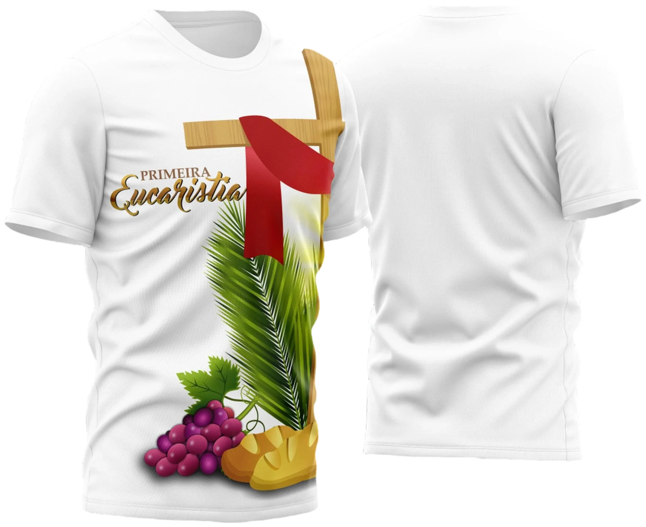 Camiseta unissex branca com logo no peito e estampa grande nas costas mostrando tema da Primeira Eucaristia e Primeira Comunhão 2023 Modelo 6, ideal para celebrações religiosas.