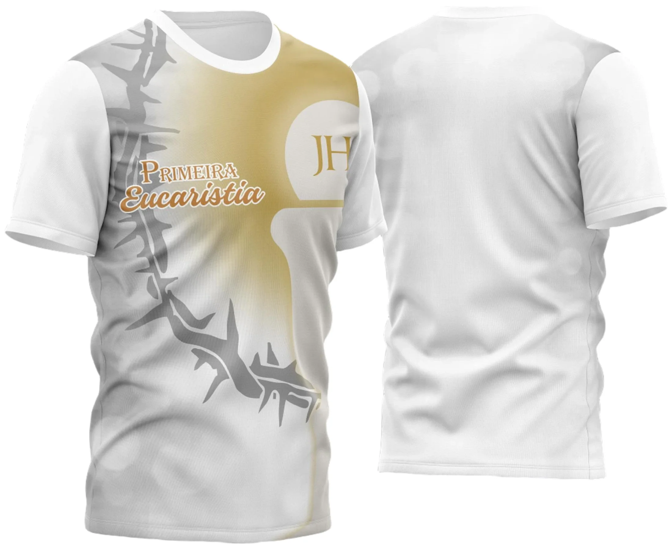 Camiseta unissex branca com logo no peito e estampa grande nas costas, tema Primeira Eucaristia e Primeira Comunhão 2023 Modelo 9, ideal para celebrações religiosas.