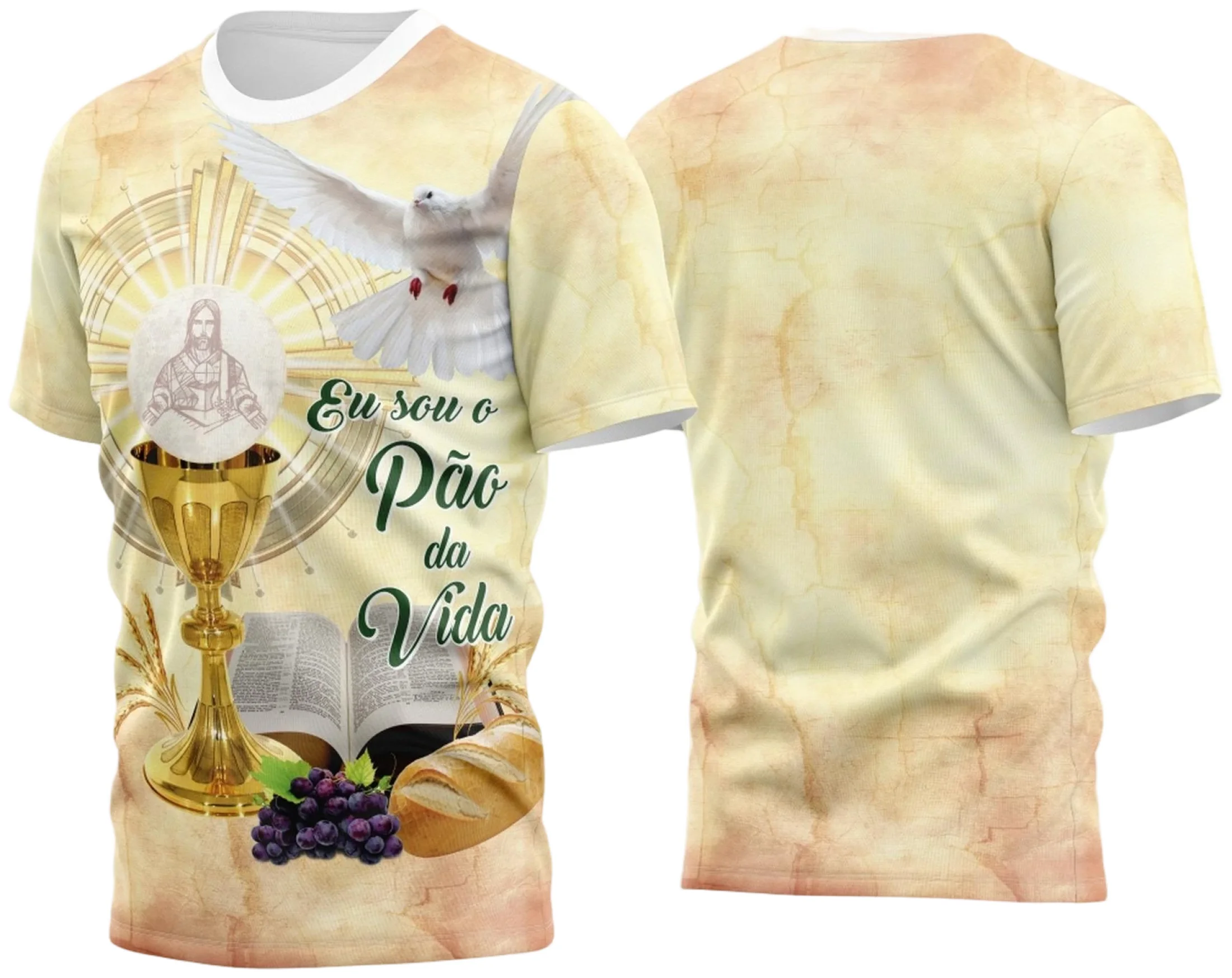 Camiseta unissex branca com logo no peito e estampa grande nas costas, temática de Primeira Eucaristia e Primeira Comunhão 2023 Modelo 16, elegante e delicada para ocasiões especiais.