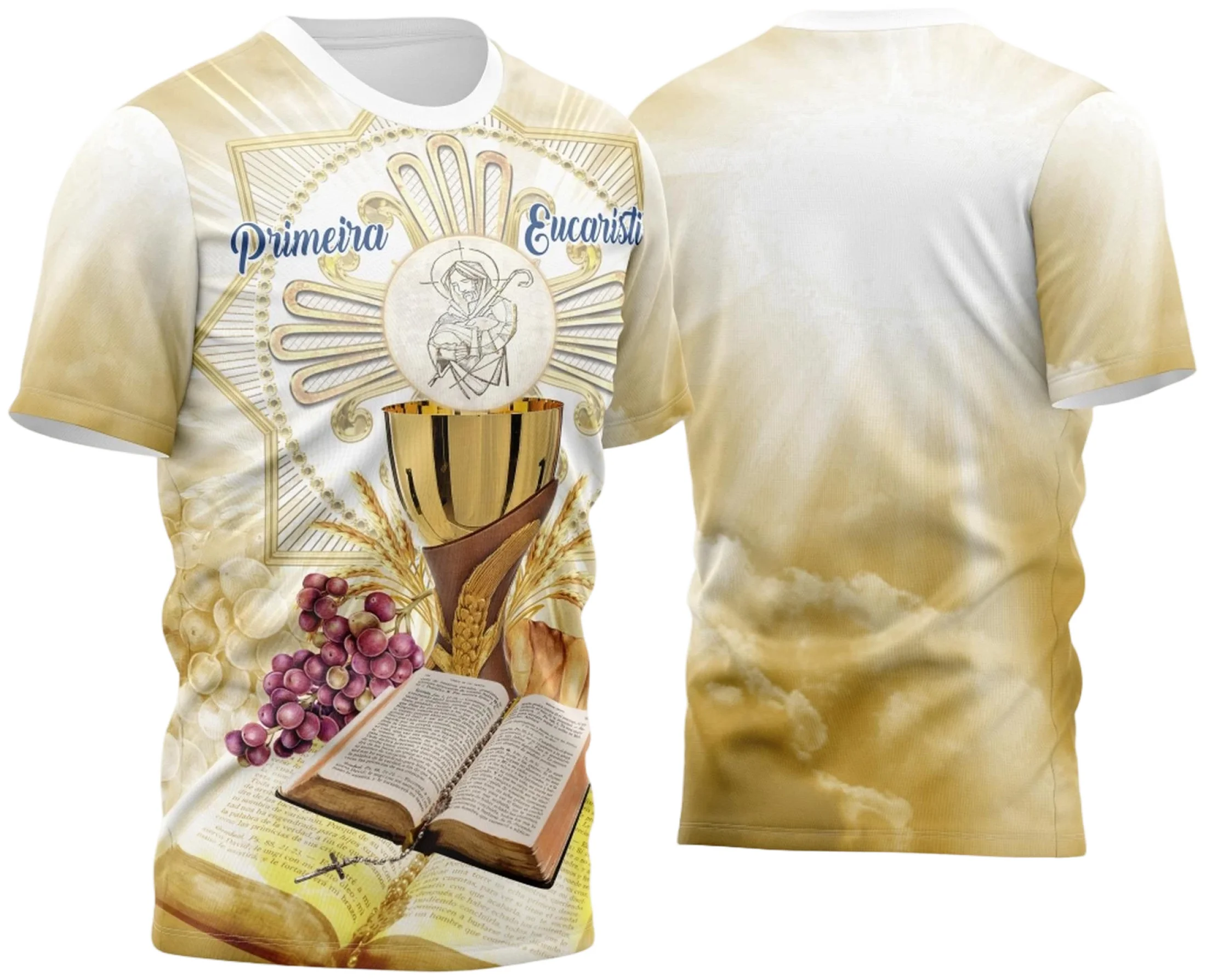 Camiseta unissex branca com logo no peito e estampa grande nas costas, tema Primeira Eucaristia e Primeira Comunhão 2023 Modelo 17, ideal para ocasiões especiais