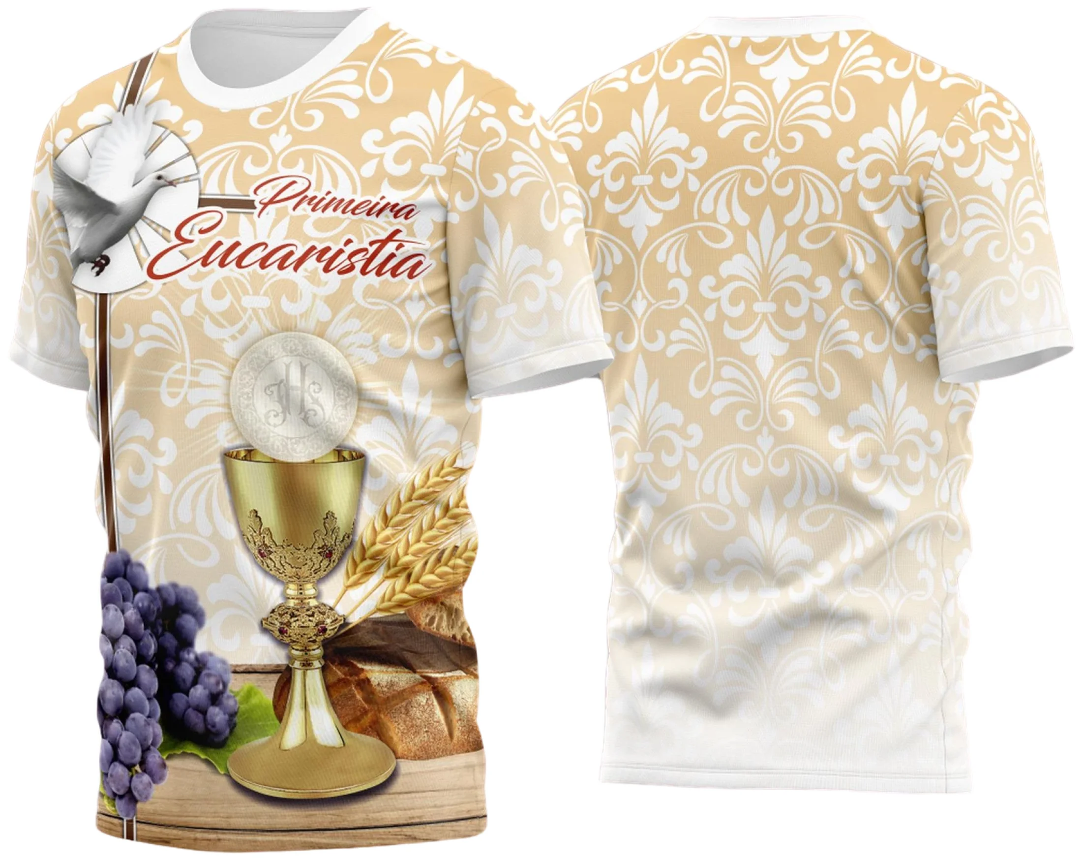 Camiseta unissex branca com logo no peito e estampa grande nas costas temática de Primeira Eucaristia e Primeira Comunhão 2023 Modelo 21, ideal para ocasiões especiais e celebrações religiosas.