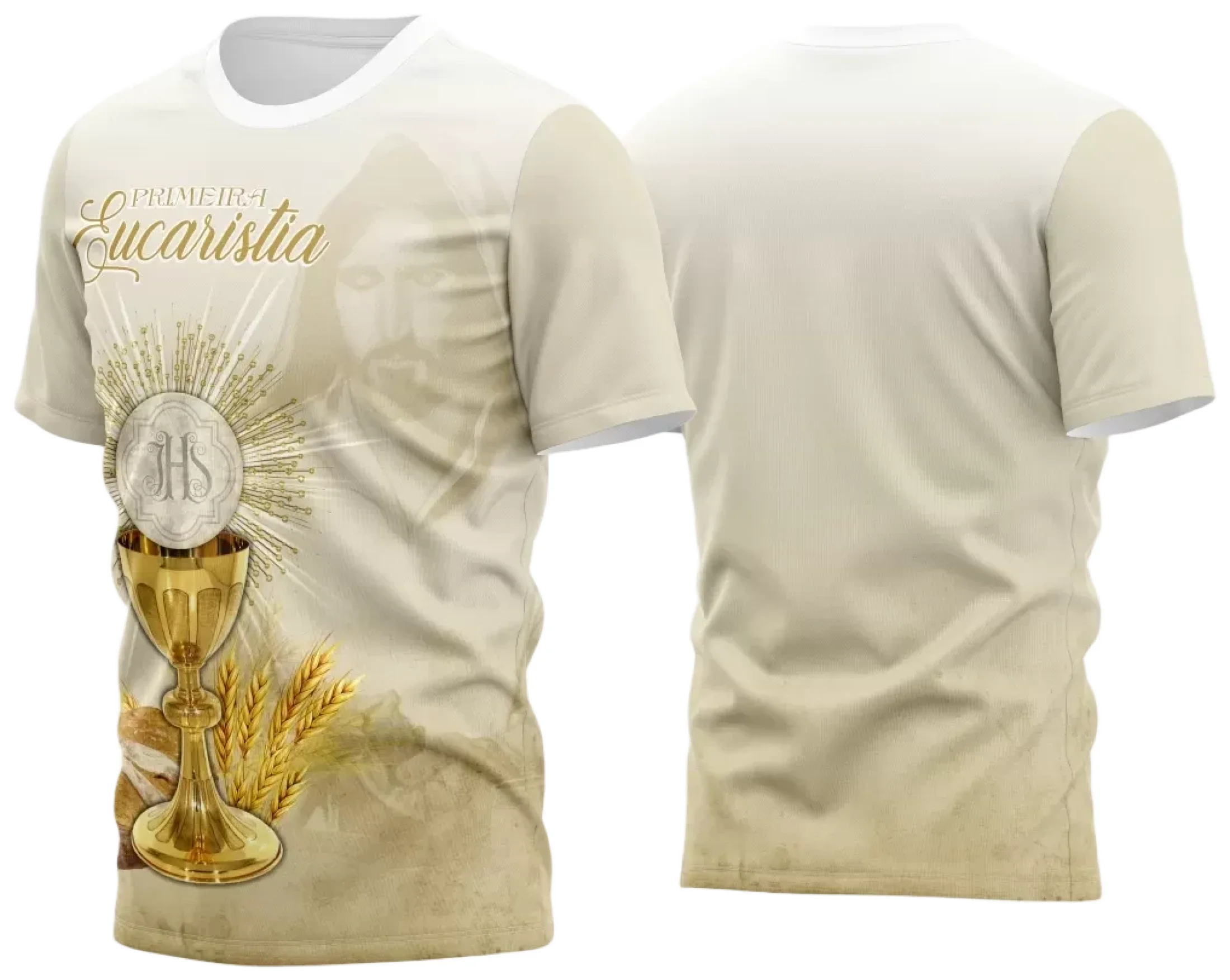 Camiseta branca unissex com logo no peito e estampa grande nas costas com tema de Primeira Eucaristia Primeira Comunhão 2023 Modelo 22, design delicado e elegante para ocasião especial.
