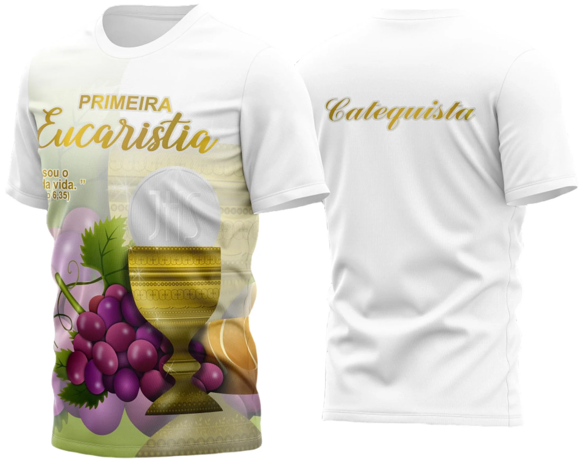 Camiseta unissex branca com logo no peito e estampa grande nas costas temática de Primeira Eucaristia Primeira Comunhão 2023 Modelo 2C, estilo delicado e elegante para momentos especiais.