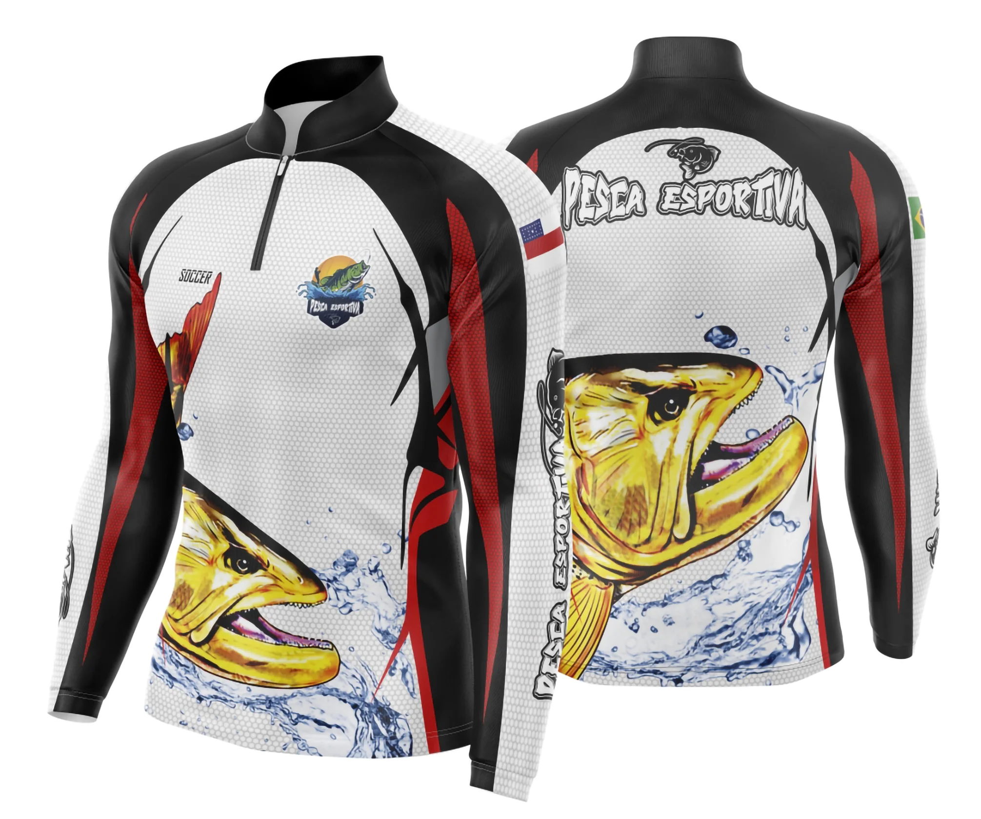 Camiseta unissex preta com logo no peito e estampa grande nas costas, tema pesca esportiva Modelo 08, ideal para quem curte aventuras ao ar livre.