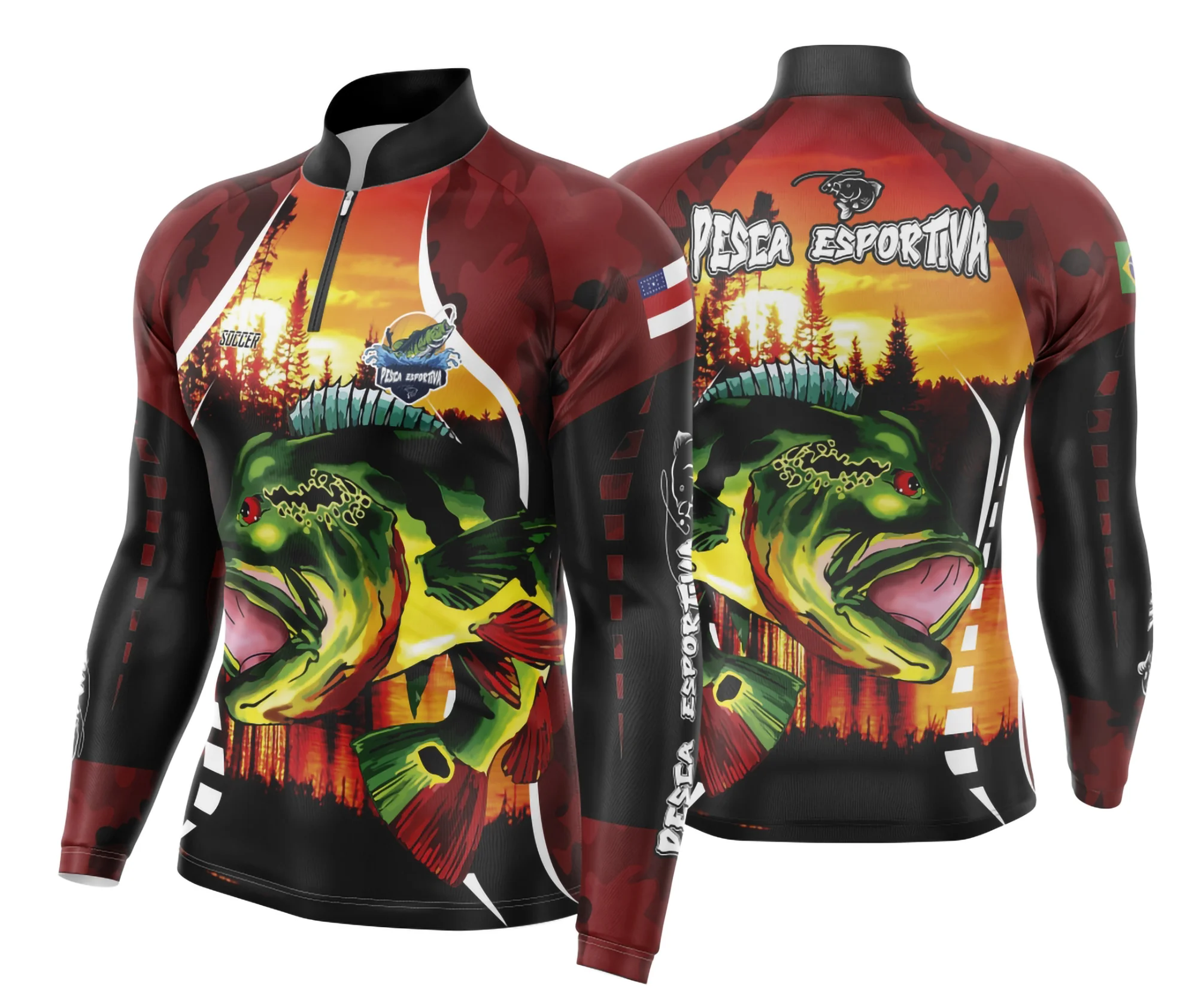 Camiseta unissex preta com logo no peito e estampa grande nas costas sobre pesca esportiva, ideal para fãs da modalidade, destacando estilo e conforto em uso casual e esportivo.