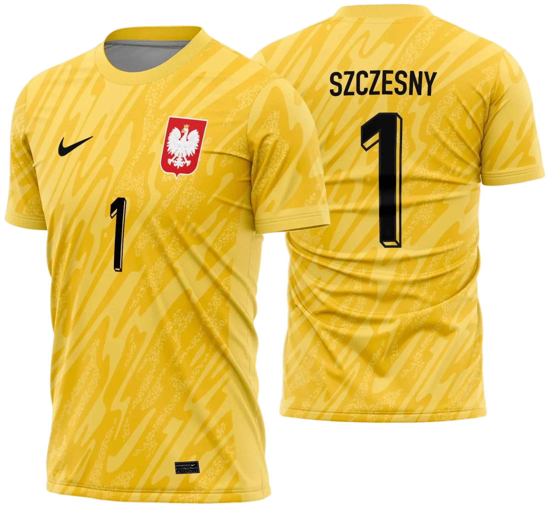 Camiseta unissex preta com logo no peito e estampa grande nas costas temática da Polônia Goleiro 2024-2025, estilo esportivo e moderno para fãs de futebol.