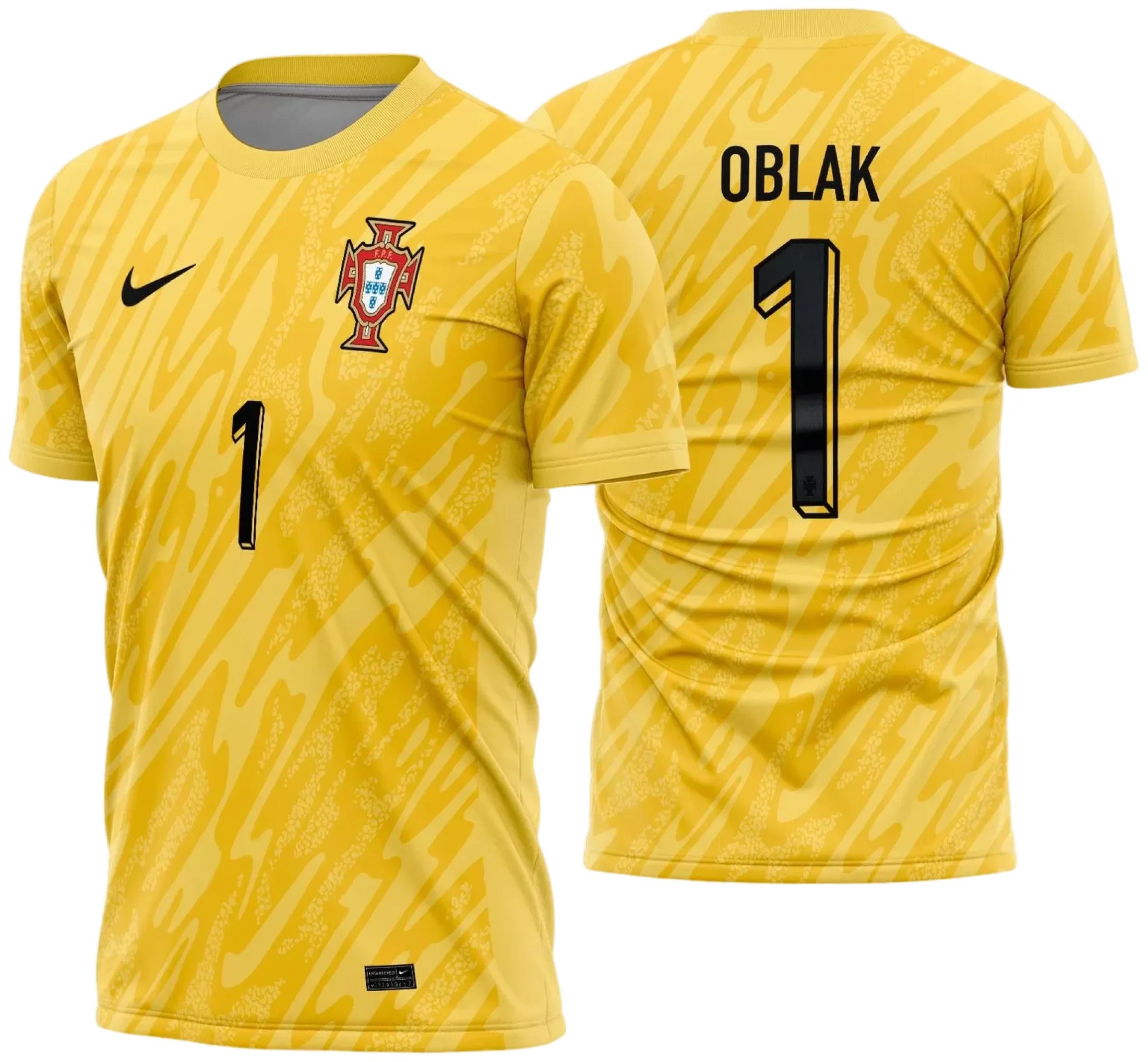 Camiseta unissex preta com logo no peito e estampa grande nas costas representando o goleiro de Portugal temporada 2024-2025, ideal para torcedores celebrarem com estilo e conforto.