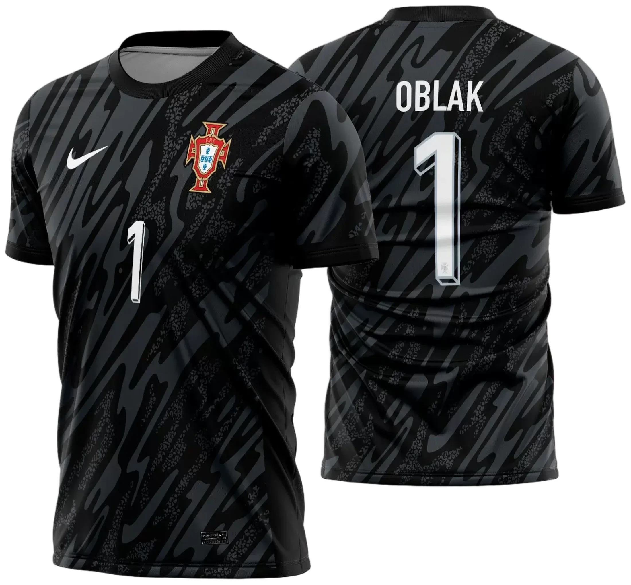 Camiseta preta unissex com logo no peito e estampa grande nas costas mostrando o tema da camisa Portugal goleiro 2024 2025, ideal para fãs e colecionadores.