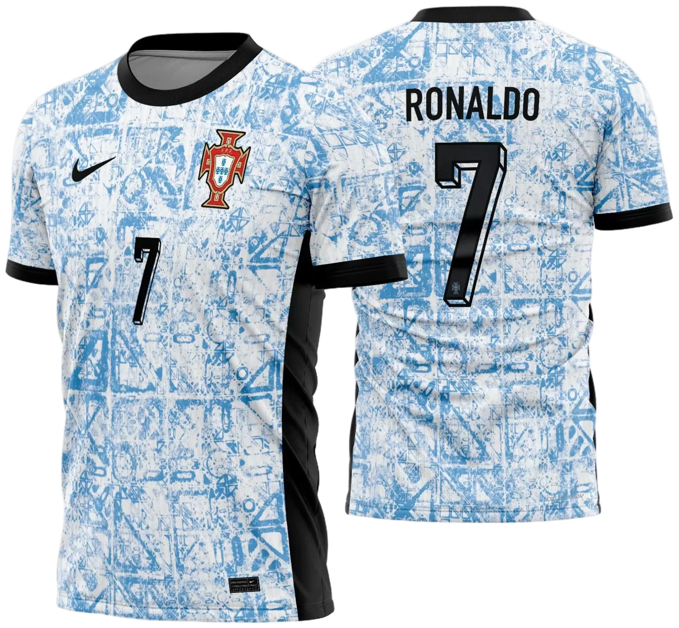 Camiseta unissex preta com logo no peito e estampa grande nas costas celebrando a seleção Portugal Reserva 2024-2025, ideal para fãs de futebol e torcedores modernos.