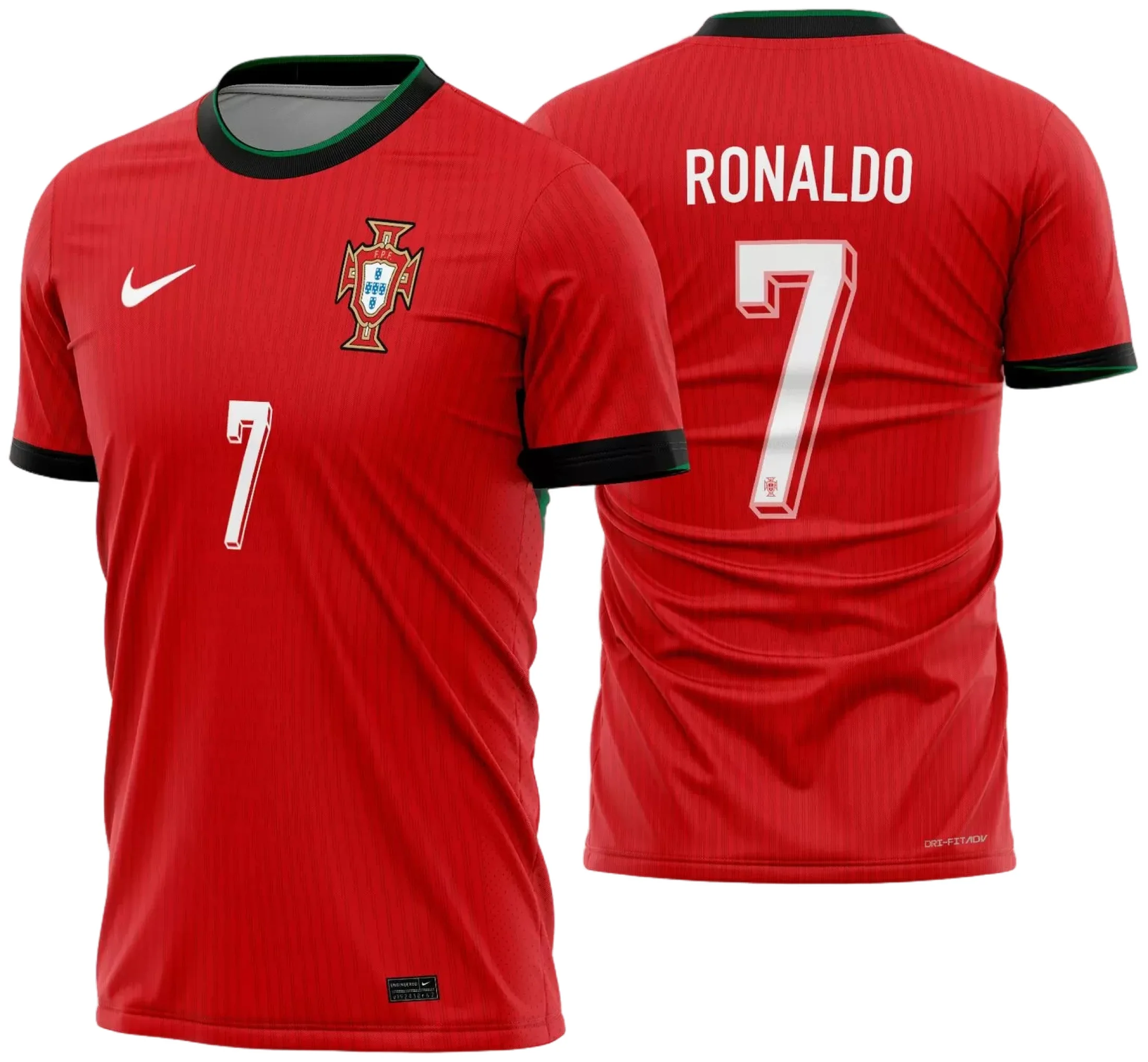 Camiseta unissex branca com logo no peito e estampa grande nas costas tema Camisa Portugal Titular 2024 2025, ideal para torcida, com design elegante e moderno.
