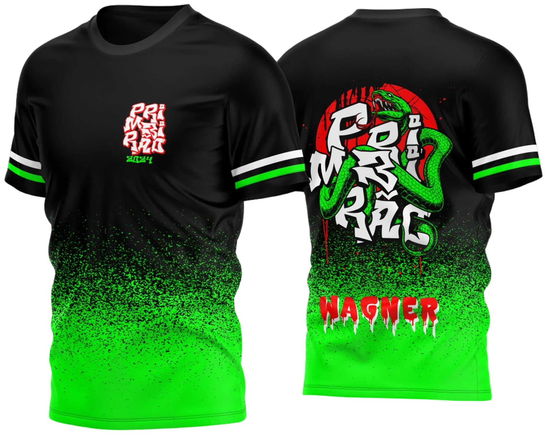 Camiseta unissex preta com logo no peito e estampa grande nas costas, tema Primeirão 2024 Cobra Verde, design impactante e moderno para apaixonados pela vibe do primeiro evento.