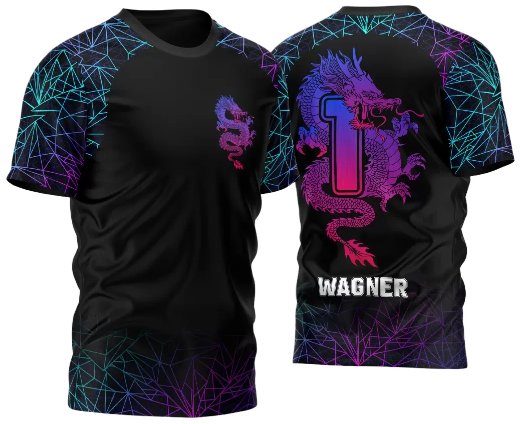 Camiseta unissex preta com logo no peito e estampa grande nas costas de dragão em degradê, no estilo Primeirão 2024, ideal para quem busca design moderno e vibrante.