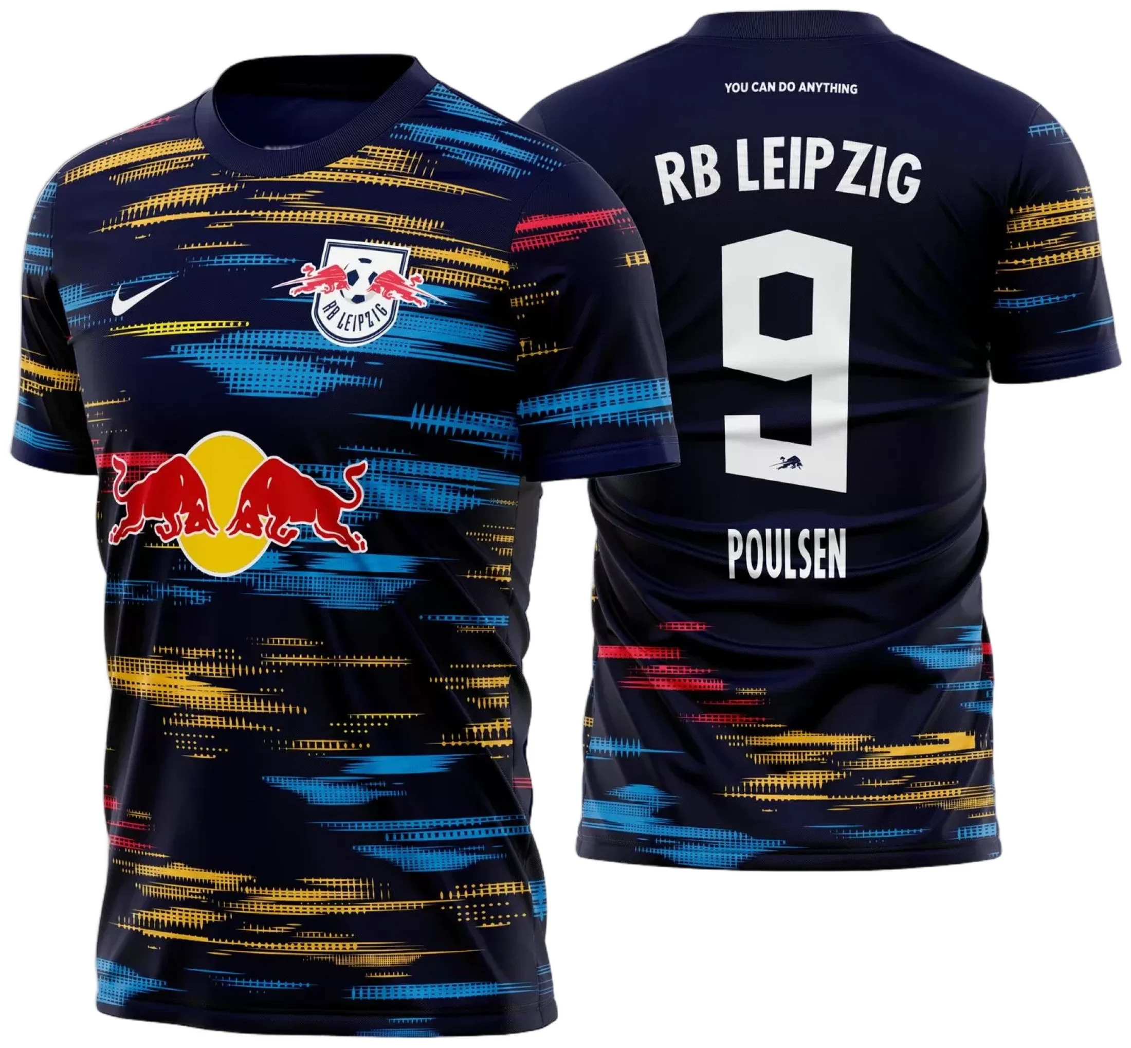 Camiseta unissex preta com logo no peito e estampa grande nas costas inspirada na Camisa RB Leipzig Reserva 2021 2022, ideal para torcedores e fãs do time.