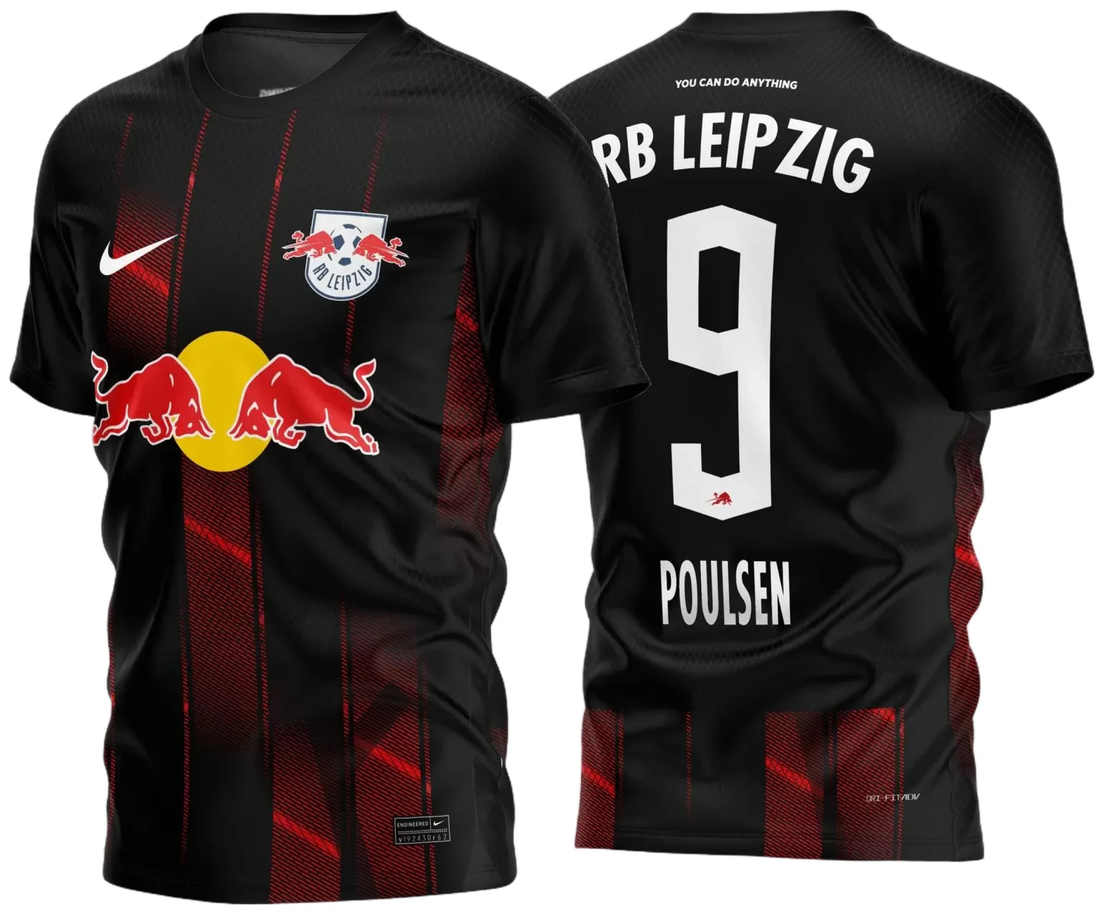 Camiseta unissex preta com logo no peito e estampa grande nas costas inspirada na Camisa RB Leipzig Terceiro 2022 2023, confortável e moderna para torcedores e fãs.
