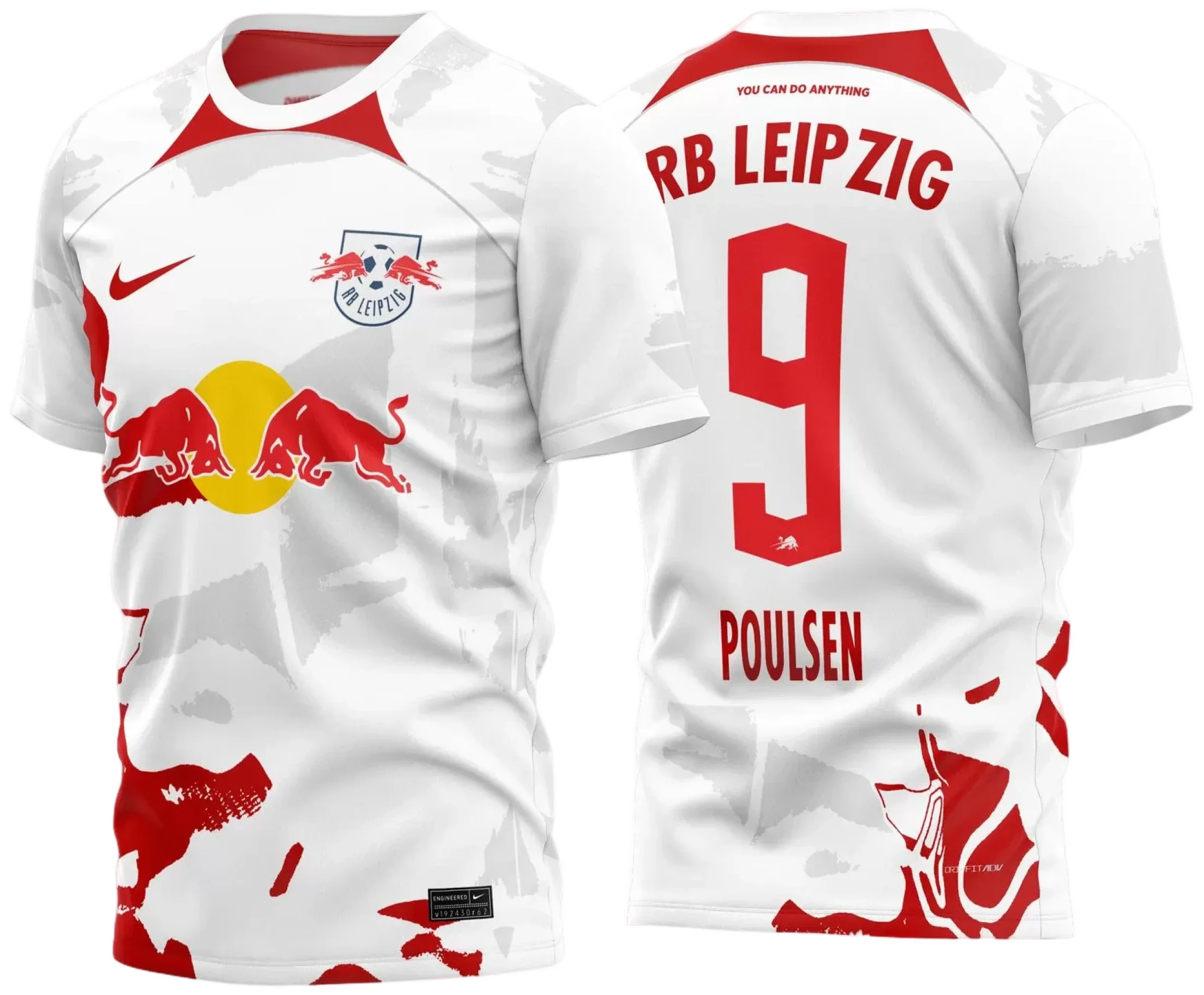 Camiseta unissex preta com logo no peito e estampa grande nas costas inspirada na Camisa RB Leipzig Titular 2022 - 2023, perfeita para fãs do time alemão.