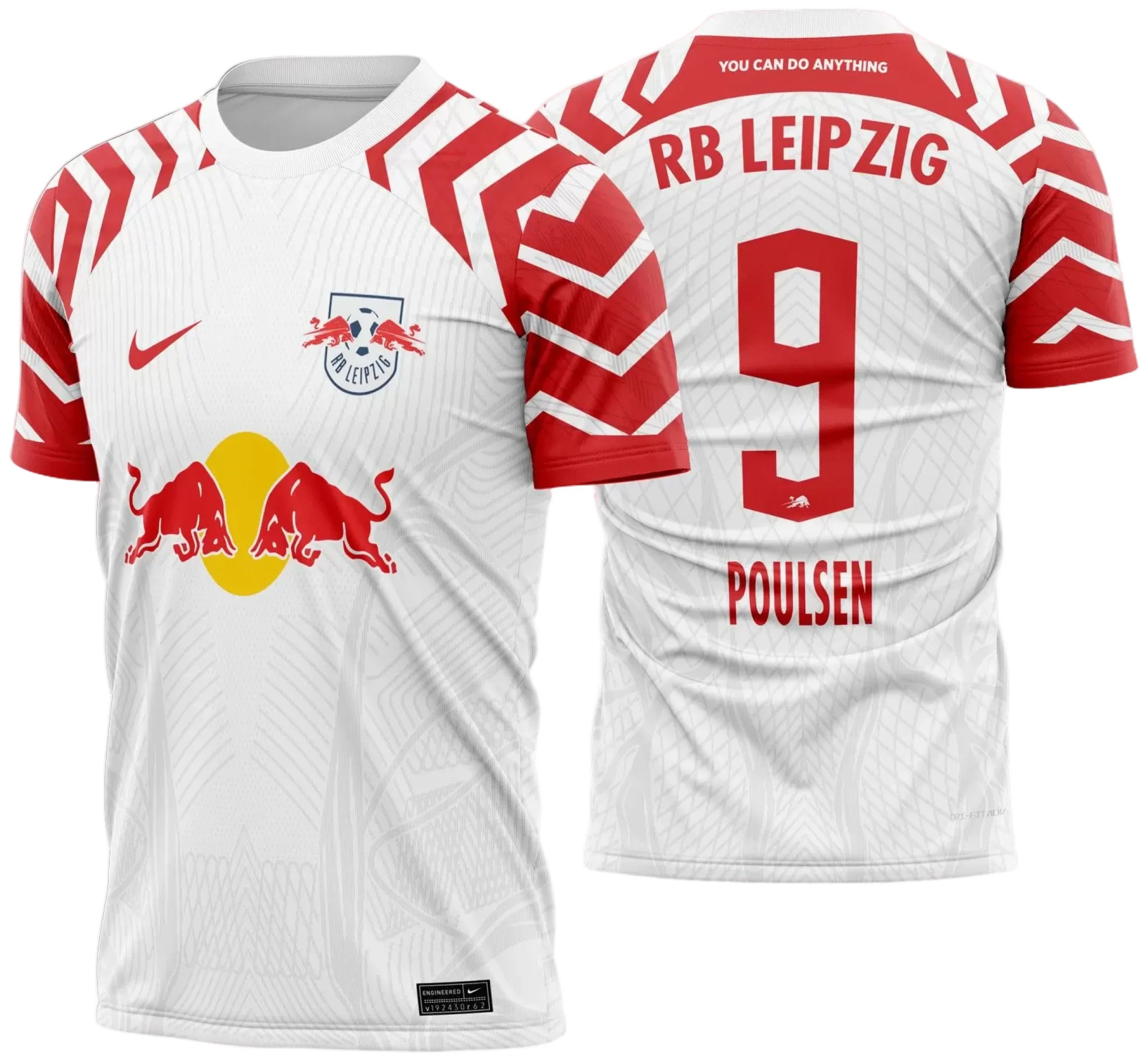 Camisa preta unissex do RB Leipzig com logo no peito e estampa grande nas costas, tema da camisa titular 2023 - 2024, perfeita para fãs do time.