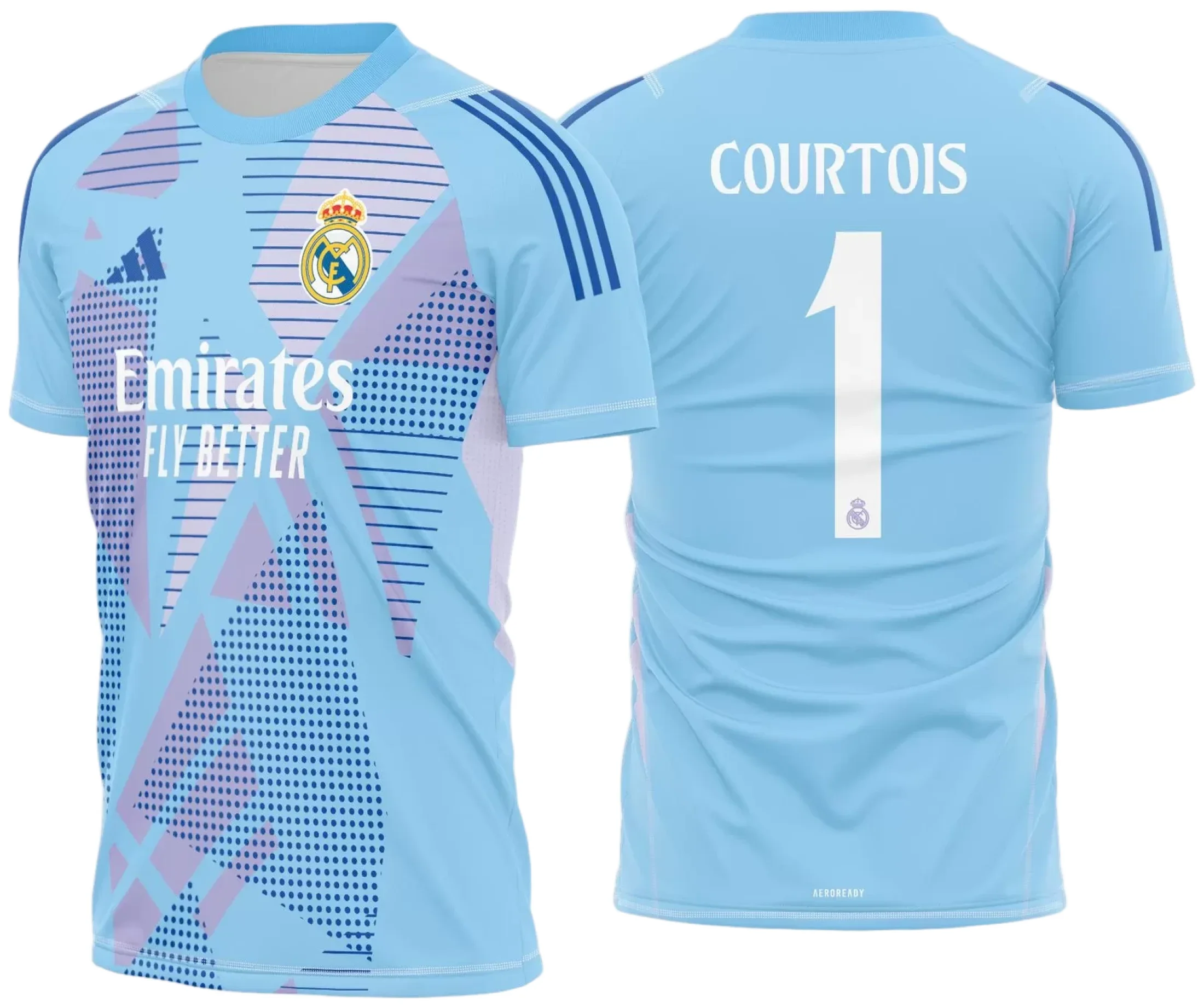 Camiseta unissex preta com logo do Real Madrid no peito e estampa grande nas costas temática da camisa do goleiro 2024-2025, design moderno e esportivo, ideal para fãs do clube.