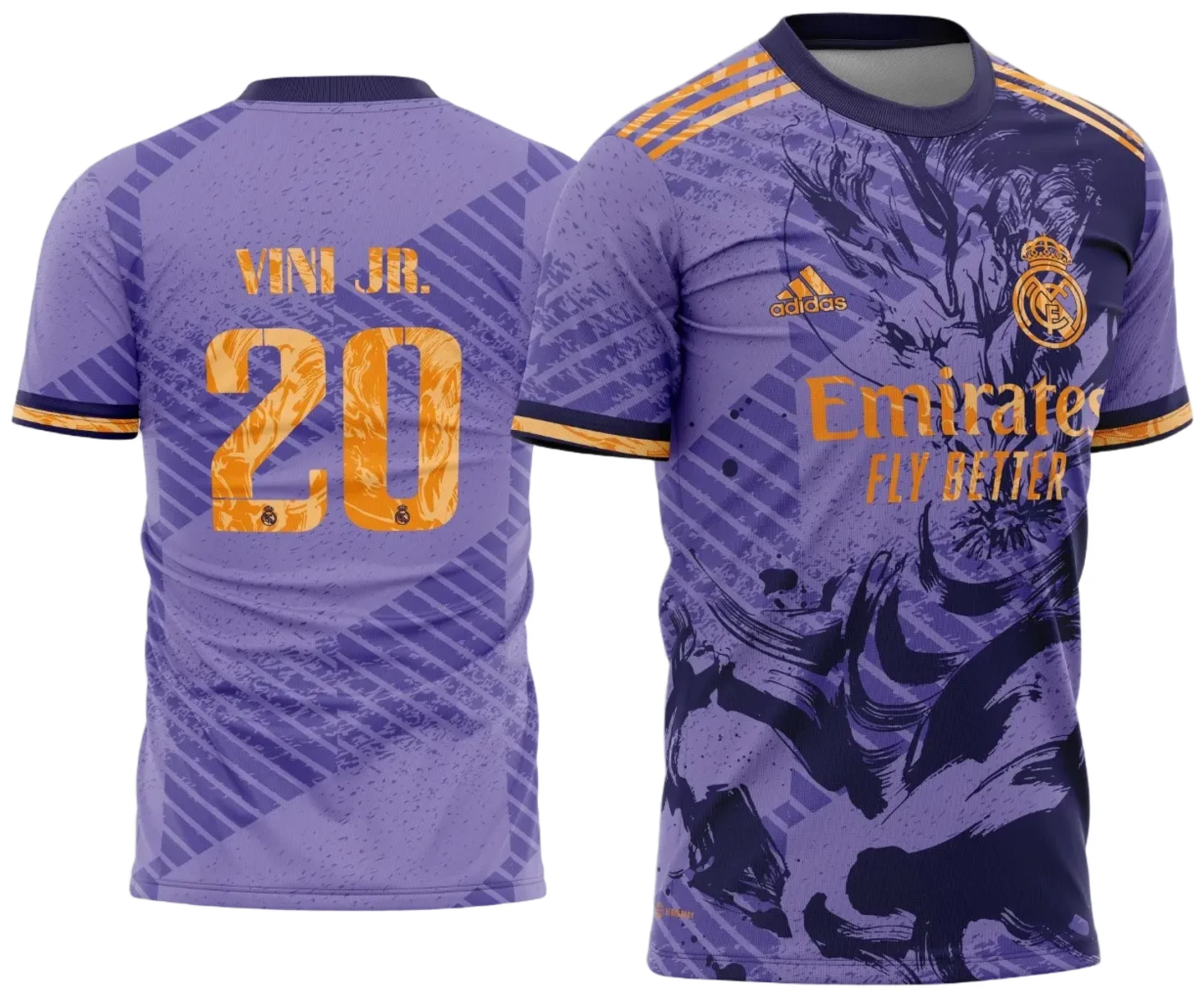 Camiseta unissex branca com logo no peito e estampa grande nas costas inspirada no conceito do Real Madrid, destacando design moderno e sofisticado.