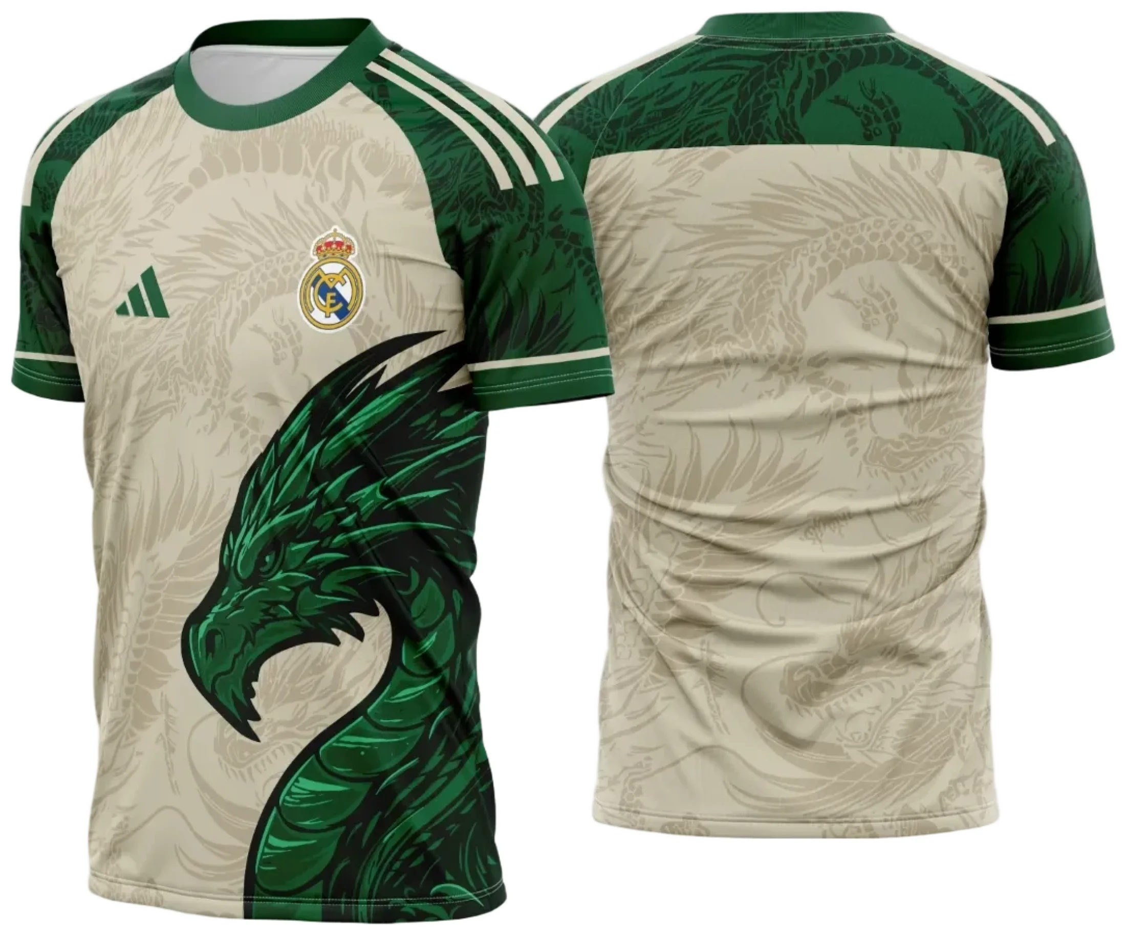 Camiseta unissex branca com logo no peito e estampa grande nas costas destacando o conceito do Real Madrid, ideal para fãs do time que buscam estilo e conforto.