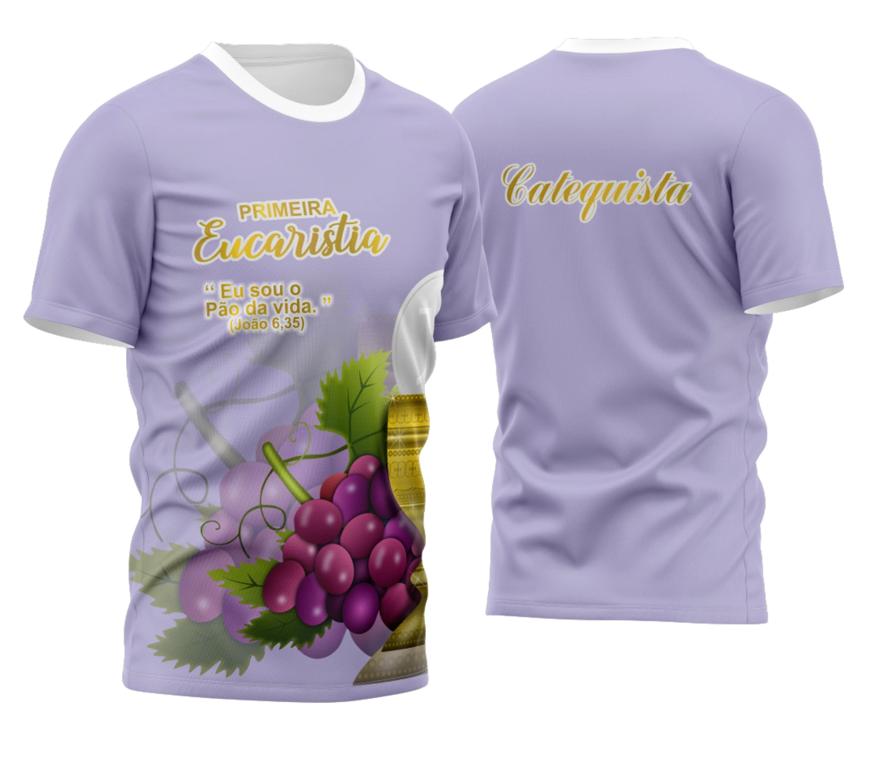 Camisa com logo no peito e uma estampa grande nas costas que destaca símbolos religiosos da Eucaristia, criando um visual moderno e espiritual.