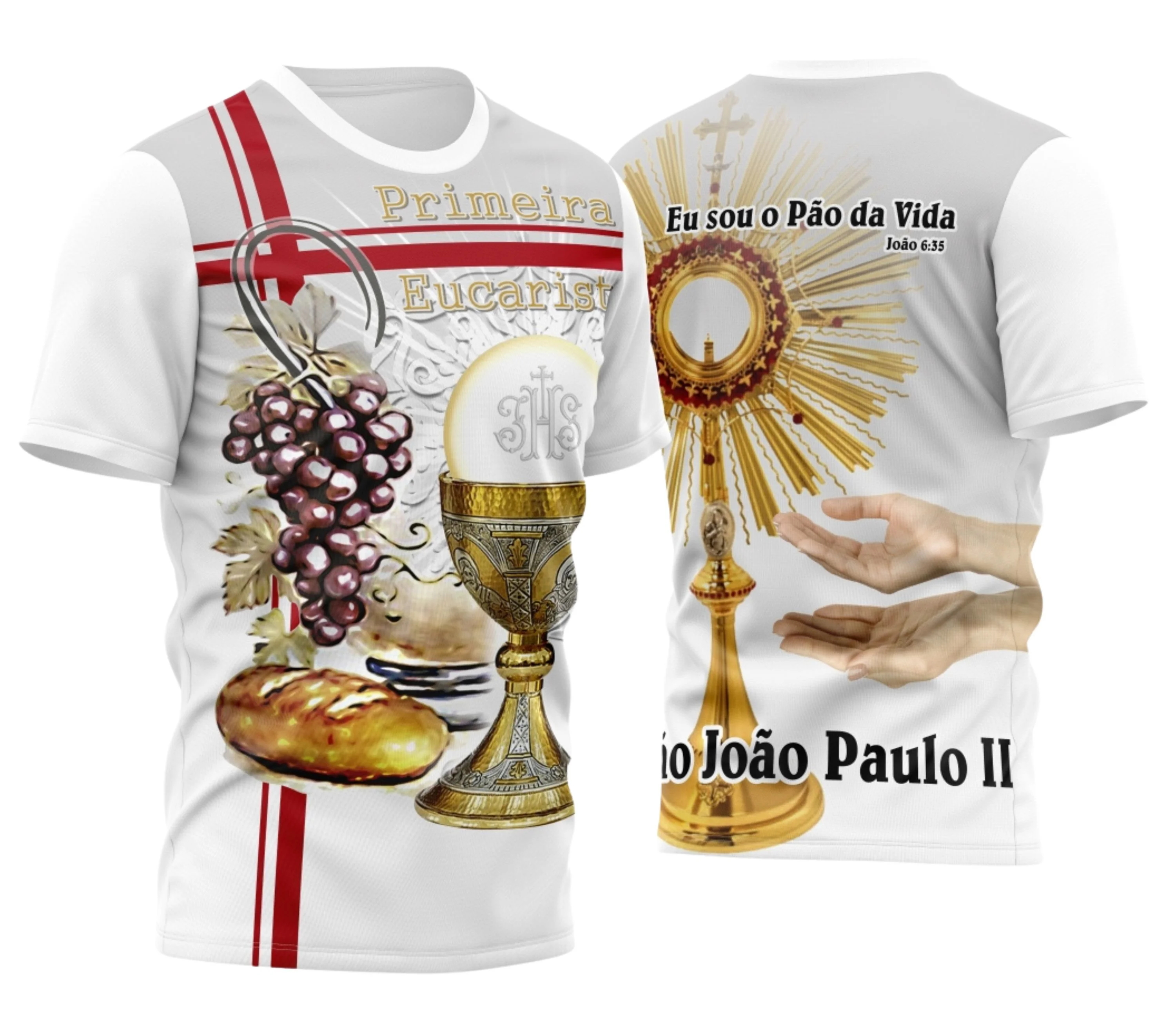 Camisa com logo no peito e estampa grande nas costas com tema religioso de Eucaristia, cores vibrantes e design detalhado que transmite fé e espiritualidade de forma elegante e moderna.