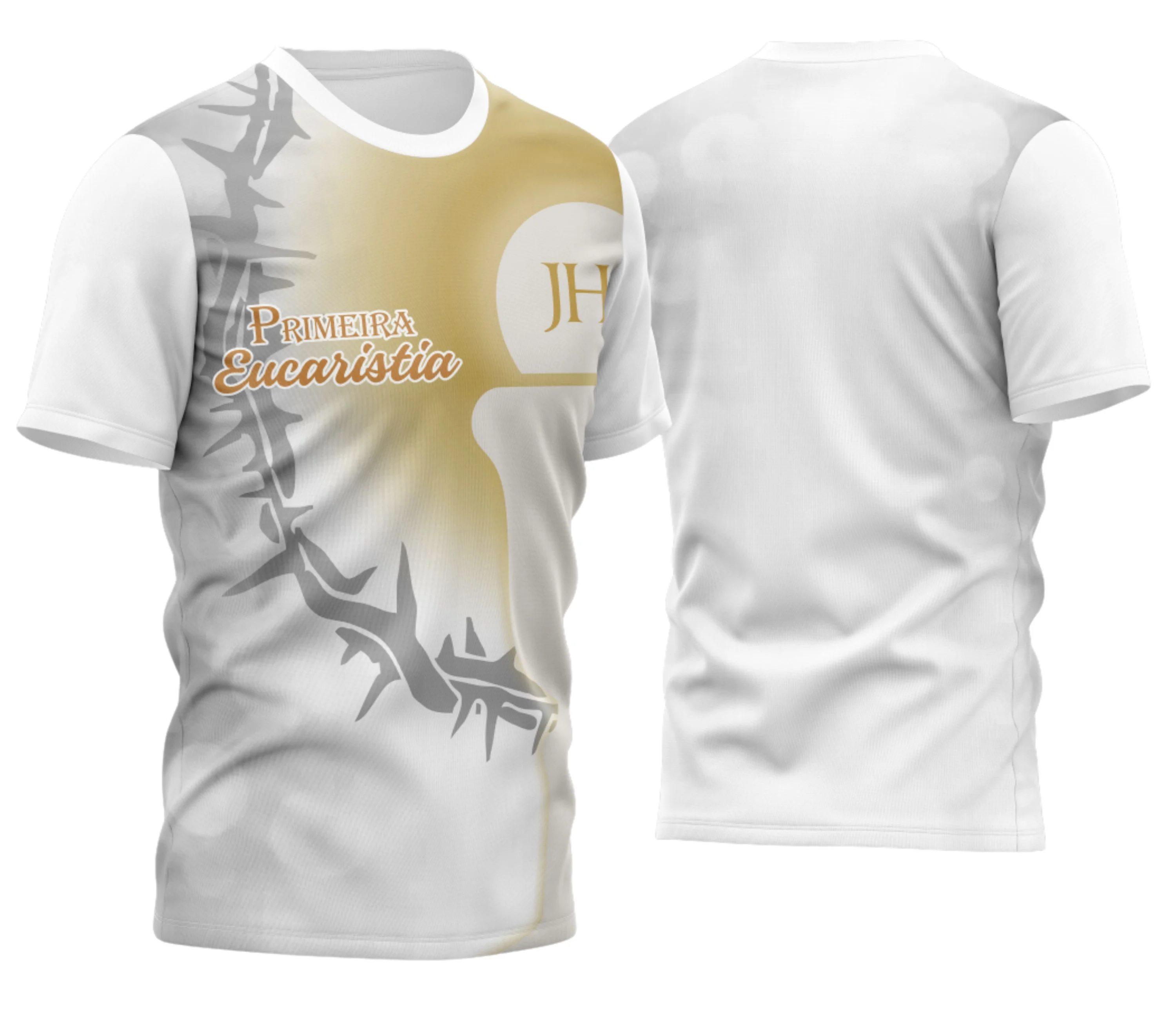 Imagem de uma camisa com logo no peito representando símbolo cristão e uma estampa grande nas costas ilustrando elementos da Eucaristia, com design harmonioso e impactante.