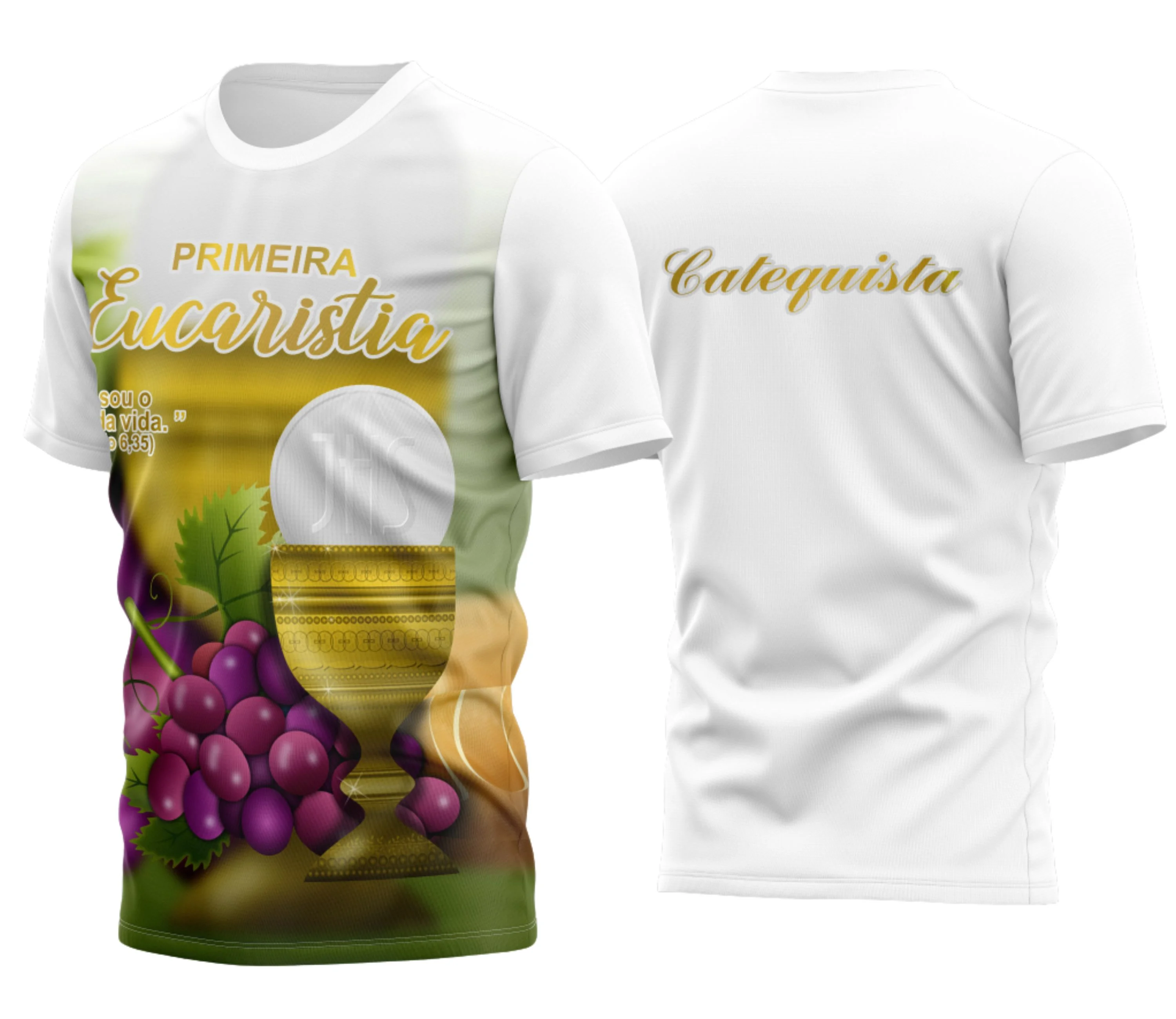 Camisa com logo no peito cuidadosamente detalhado e estampa grande nas costas com tema de Eucaristia, ideal para ocasiões religiosas com design marcante e reverente.