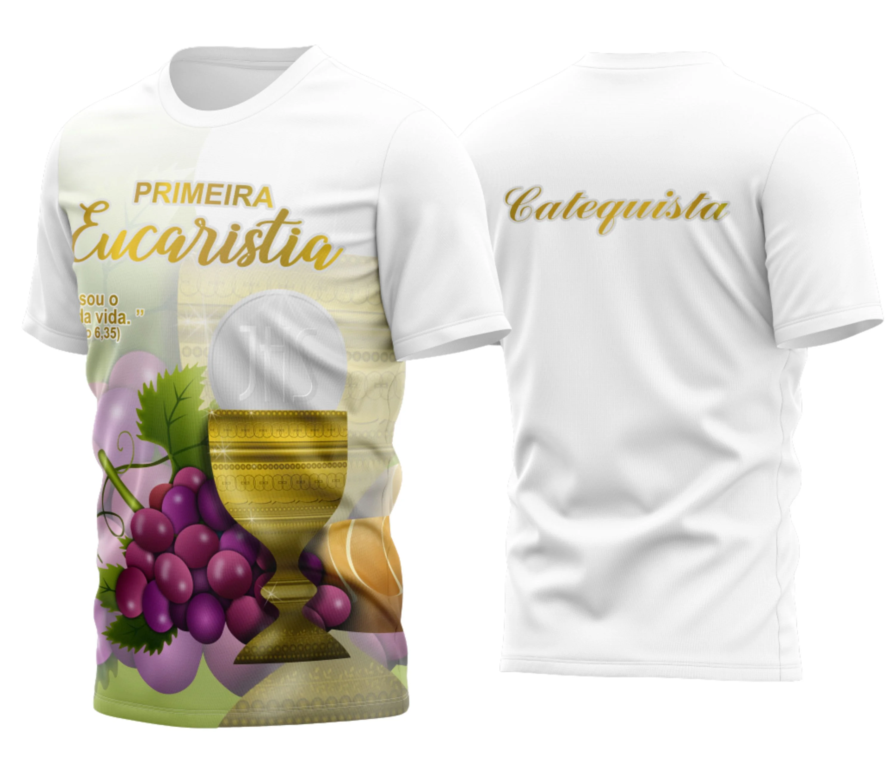 Camisa com logo no peito e estampa grande nas costas, representando tema religioso da Eucaristia com detalhes simbólicos e design impactante, ideal para usar em eventos ou celebrações especiais.