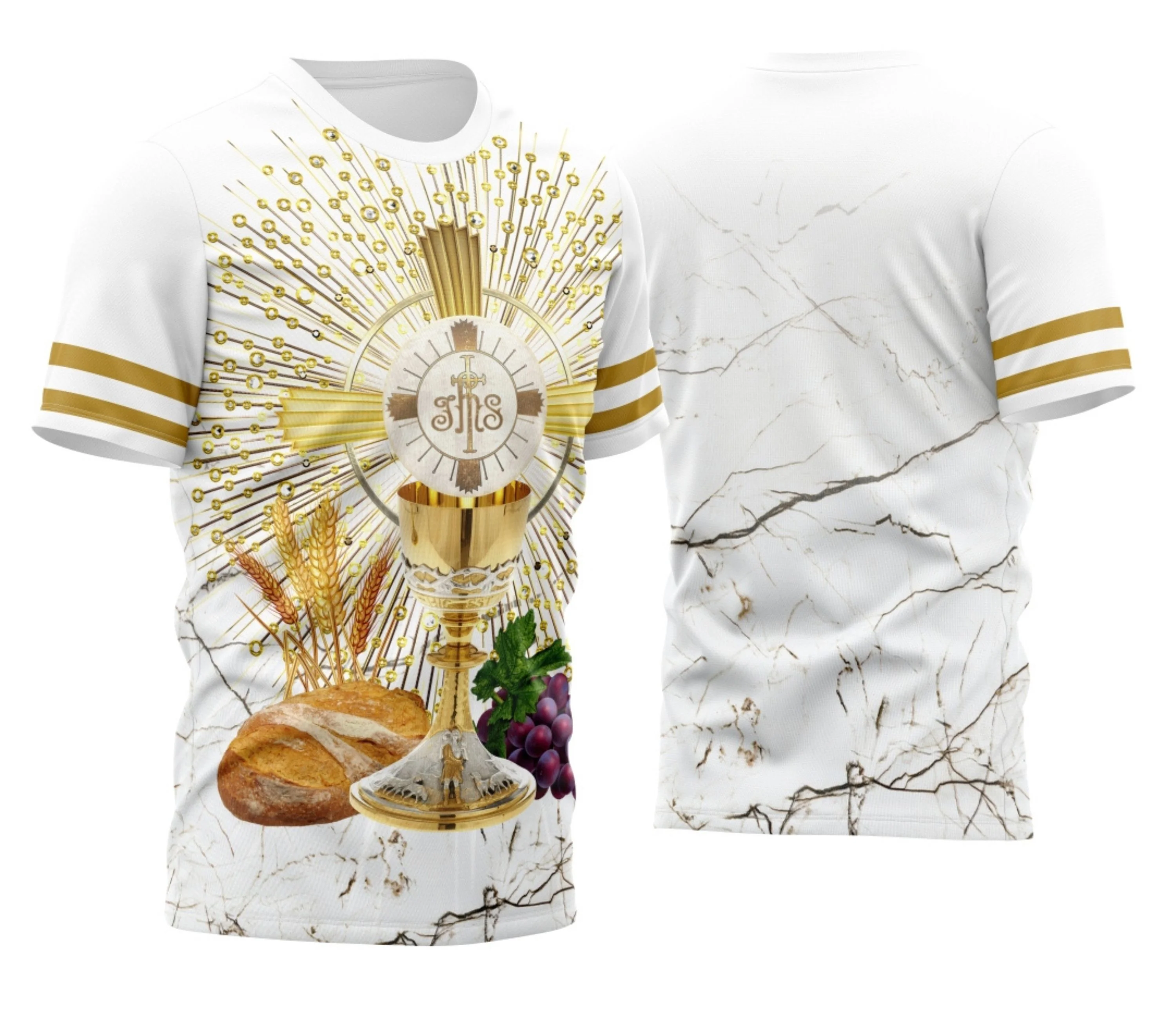 Camisa com logo no peito e estampa grande nas costas que representa a Eucaristia com detalhes simbólicos. Design harmonioso, transmitindo fé e devoção em uma peça que destaca sua espiritualidade com estilo único.