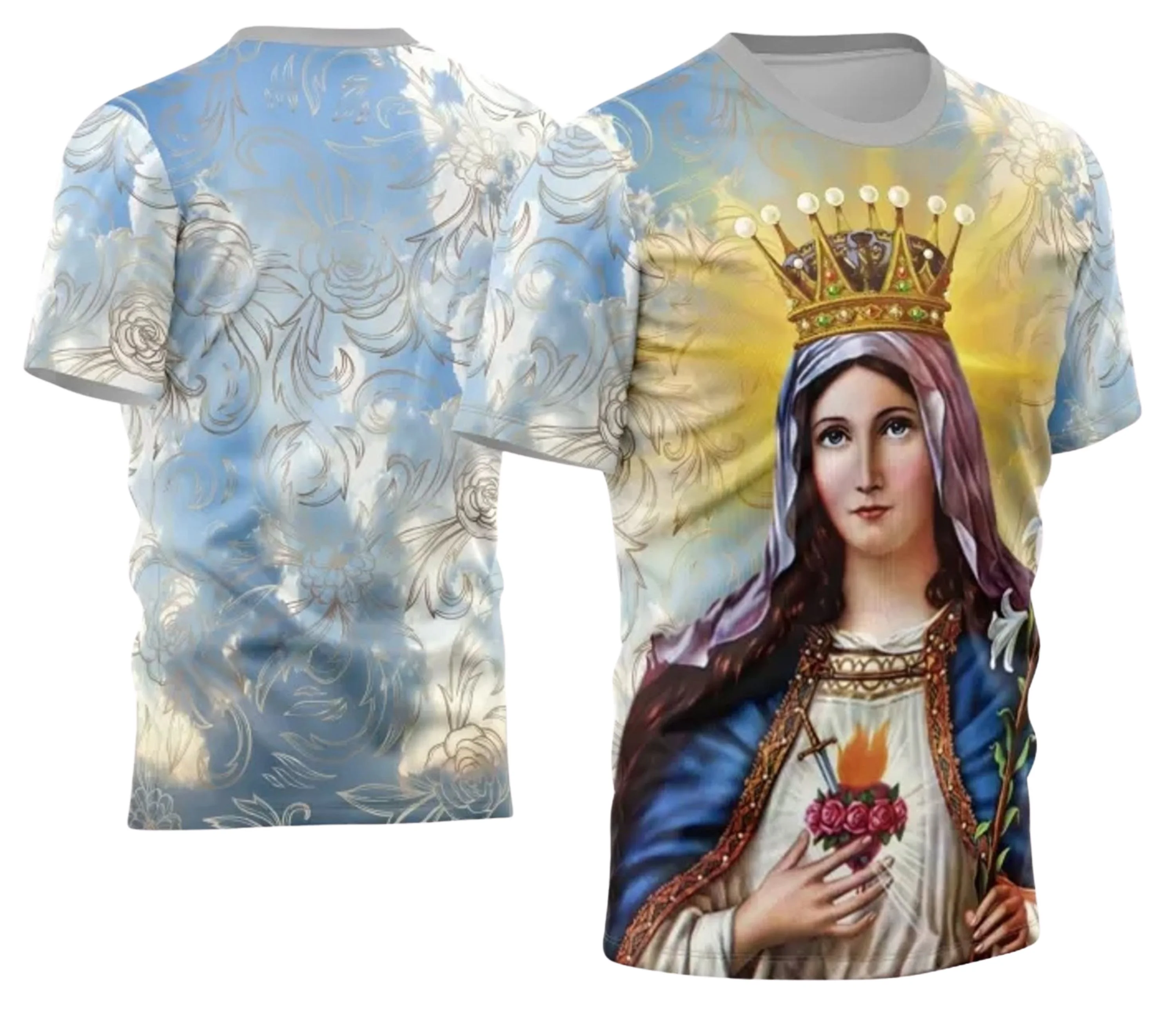 Camisa com logo no peito e estampa grande nas costas que exibe uma imagem imponente de Maria Mãe e Rainha, transmitindo fé e devoção com um design elegante e impactante.