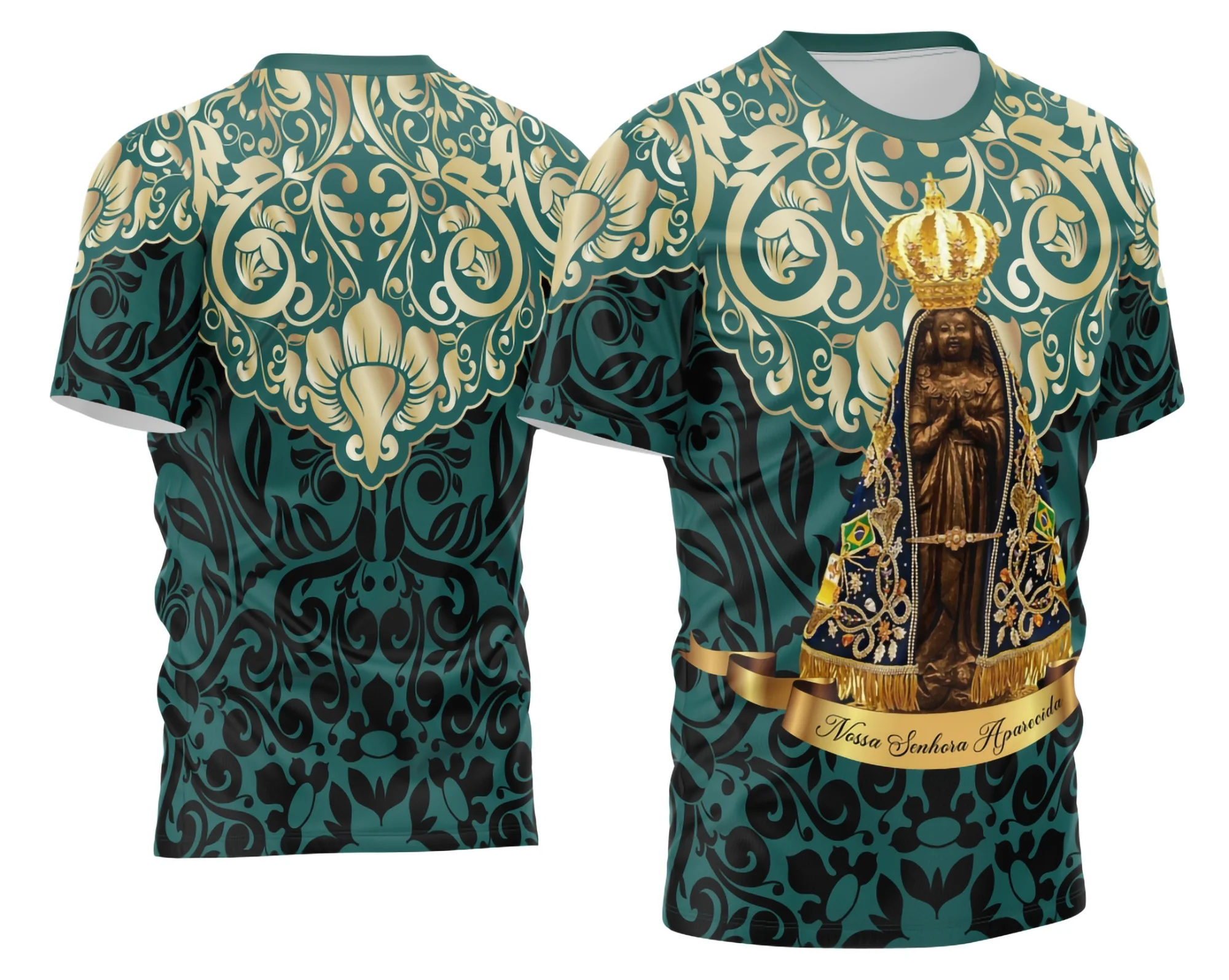 Camisa com logo no peito representando Nossa Senhora Aparecida e uma estampa grande nas costas com detalhes religiosos em estilo clássico, perfeita para demonstração de fé com design impactante e cores vibrantes.