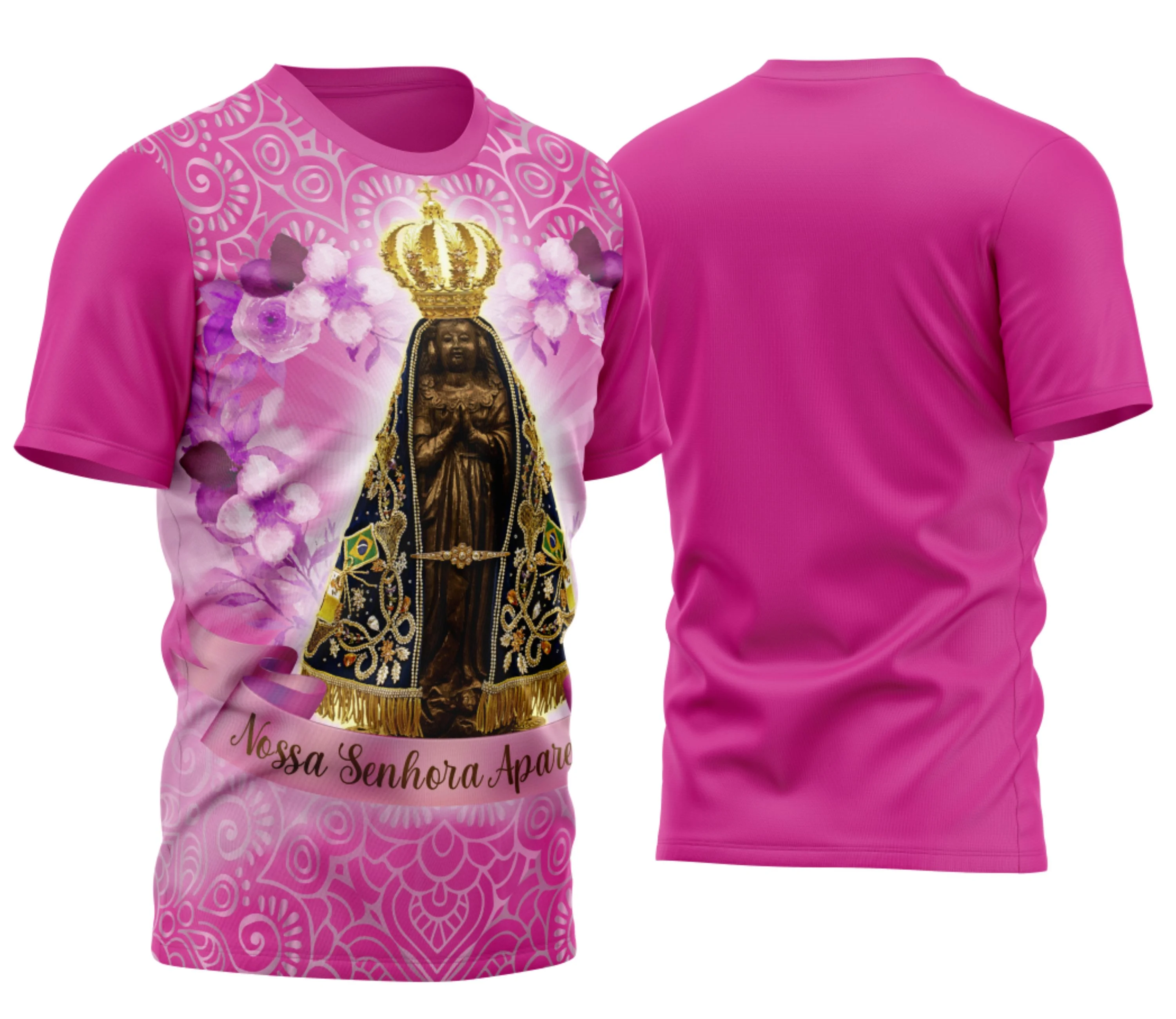 Camisa com estampa de Nossa Senhora Aparecida, logo no peito delicado e estampa grande nas costas para destaque perfeito em eventos religiosos e celebrações especiais.