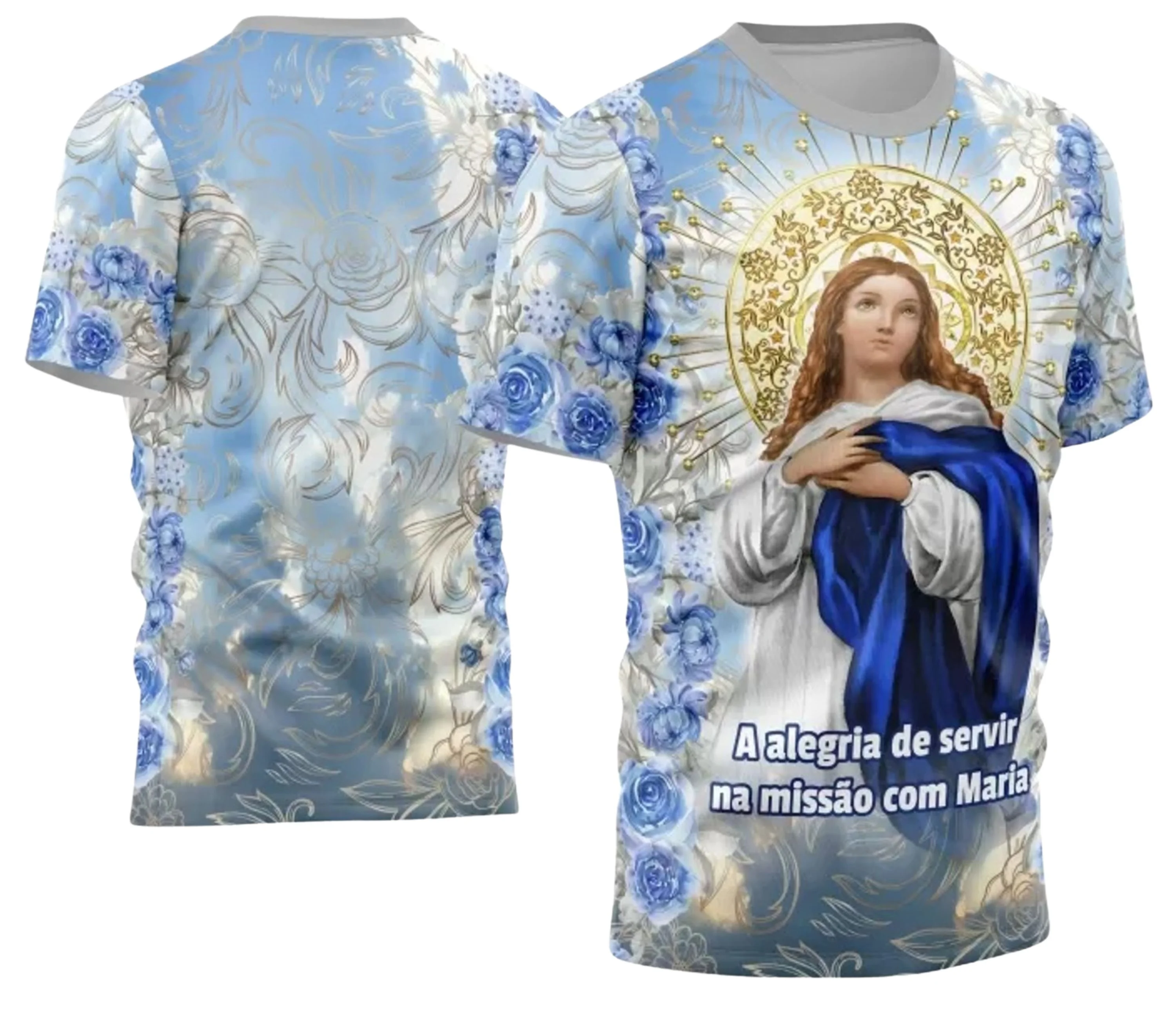 Camisa com logo no peito delicado e estampa grande nas costas da Nossa Senhora da Imaculada Conceição com traços finos, combinando espiritualidade e estilo em peça única e impactante.