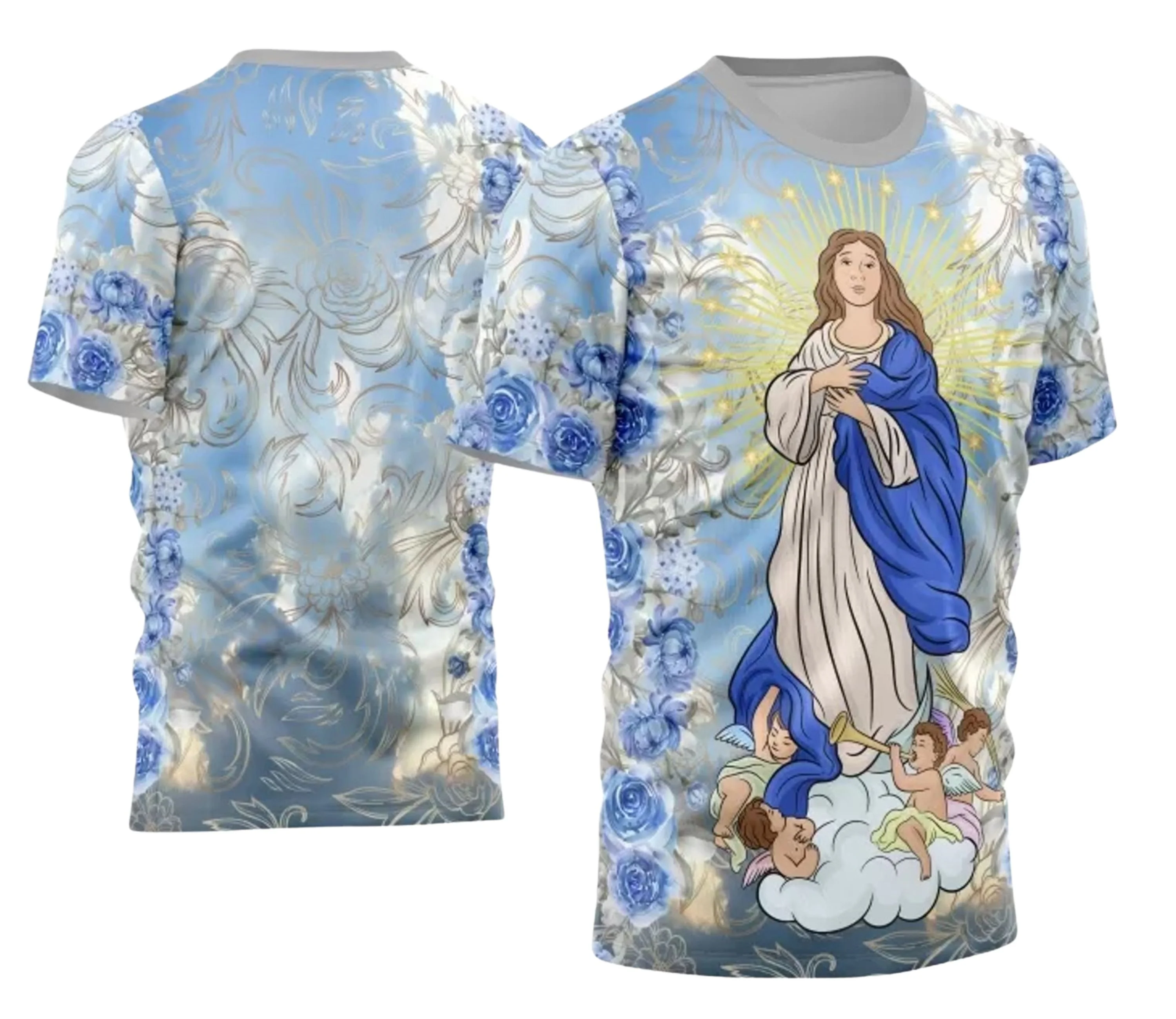 Foto de camisa com logo no peito e estampa grande nas costas representando Nossa Senhora Imaculada Conceição com detalhes delicados e cores harmoniosas, perfeita para quem busca uma peça com estilo religioso marcante.