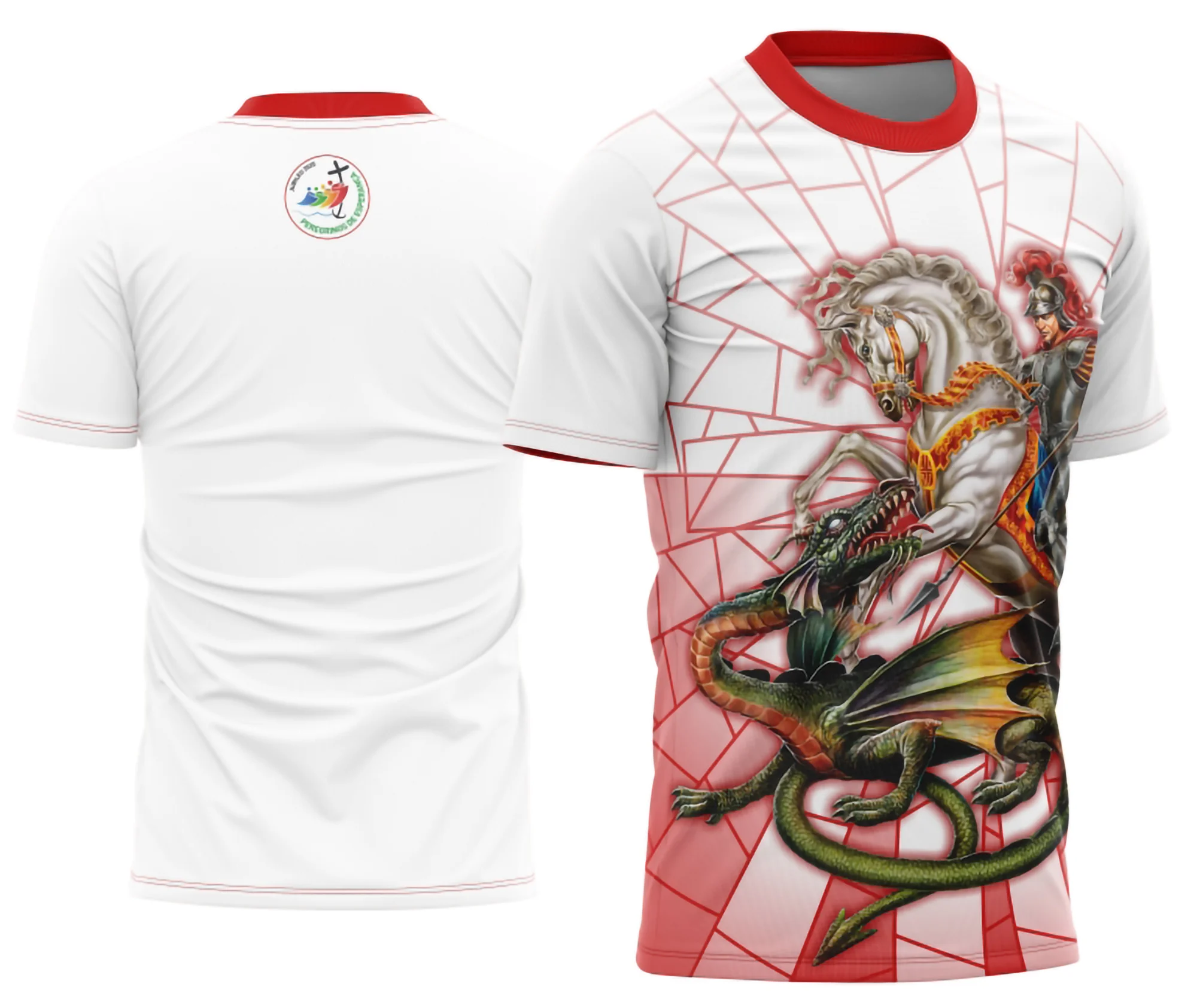 Camisa com logo no peito do santo São Jorge e estampa grande nas costas, destacando elementos religiosos e símbolos tradicionais em design vibrante e contemporâneo, perfeita para expressar fé e estilo.